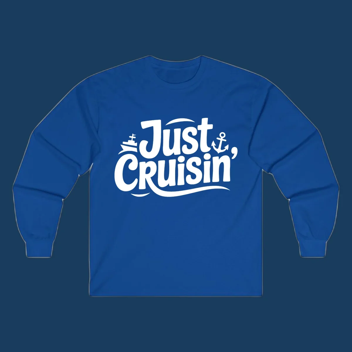 Just Cruisin' text with ship and anchor illustrations for a cruise vacation shirt.