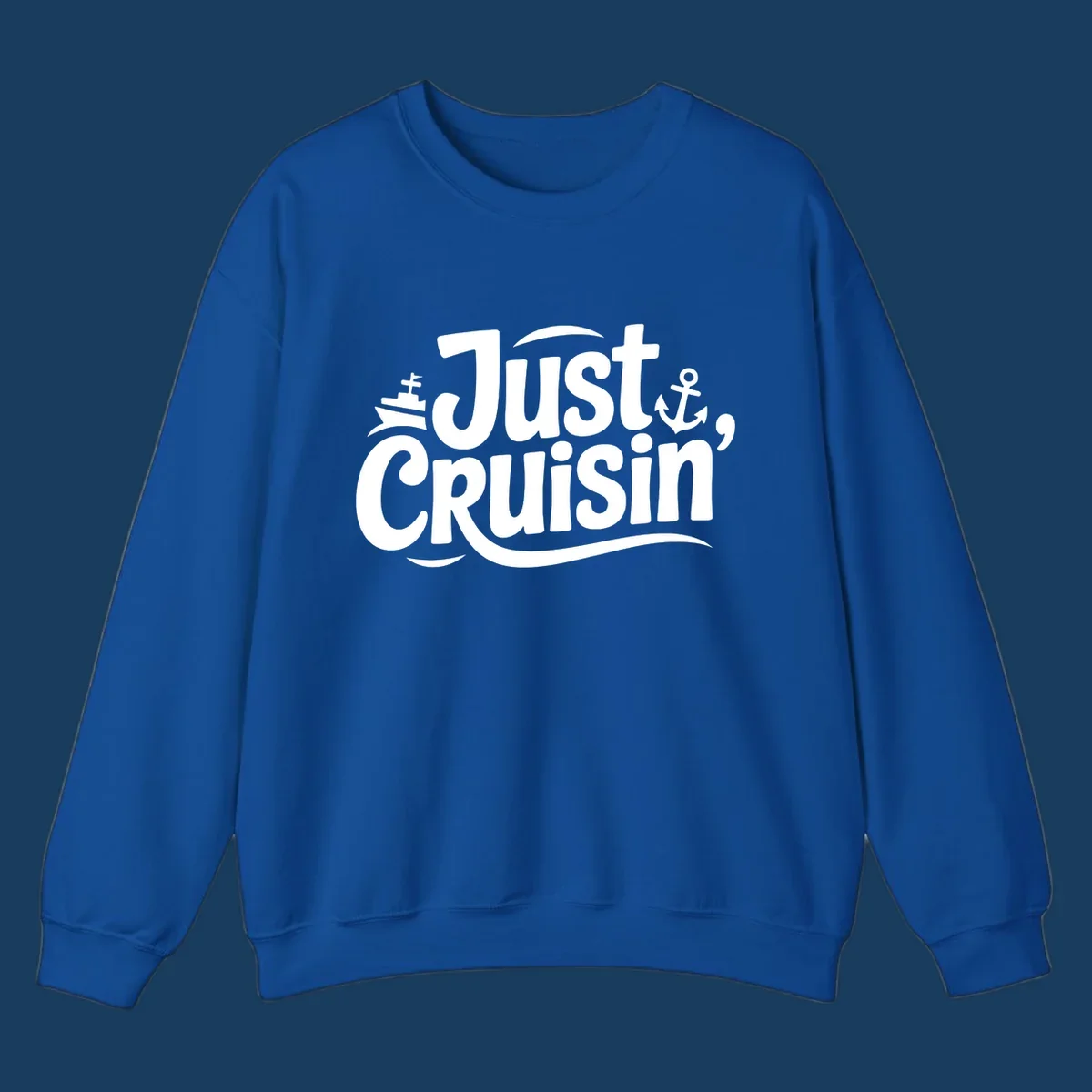 Just Cruisin' text with ship and anchor illustrations for a cruise vacation shirt.
