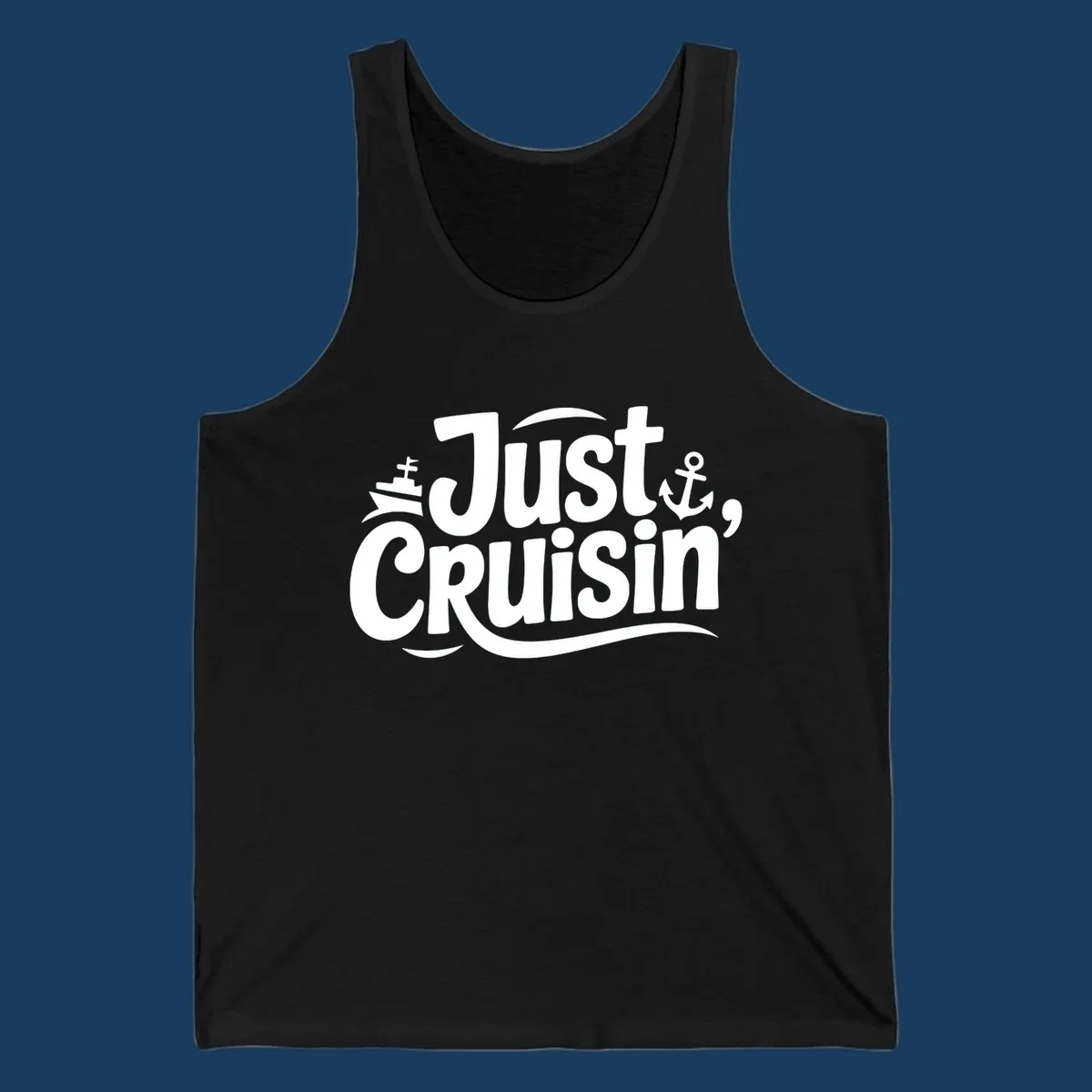 Just Cruisin' text with ship and anchor illustrations for a cruise vacation shirt.