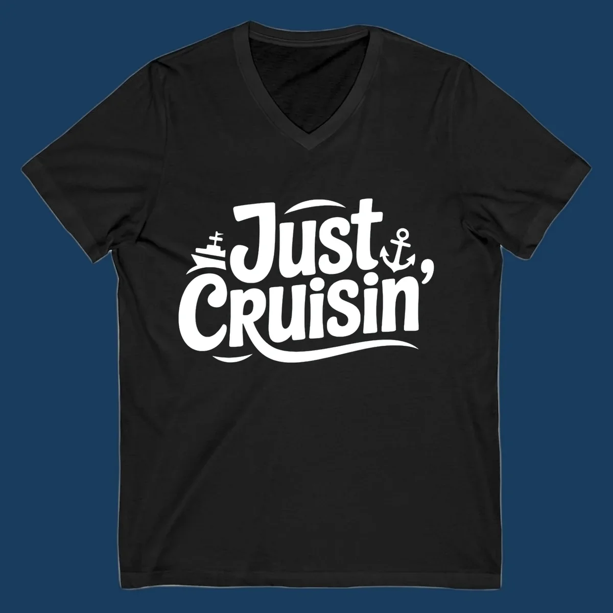Just Cruisin' text with ship and anchor illustrations for a cruise vacation shirt.
