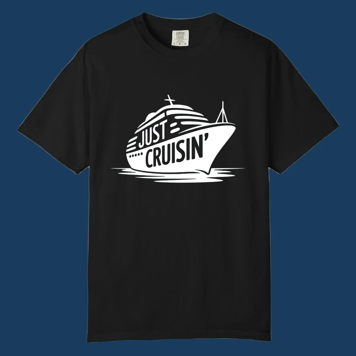 White cruise ship with 'JUST CRUISIN'' text on a black background, representing the just-cruisin-ship concept.