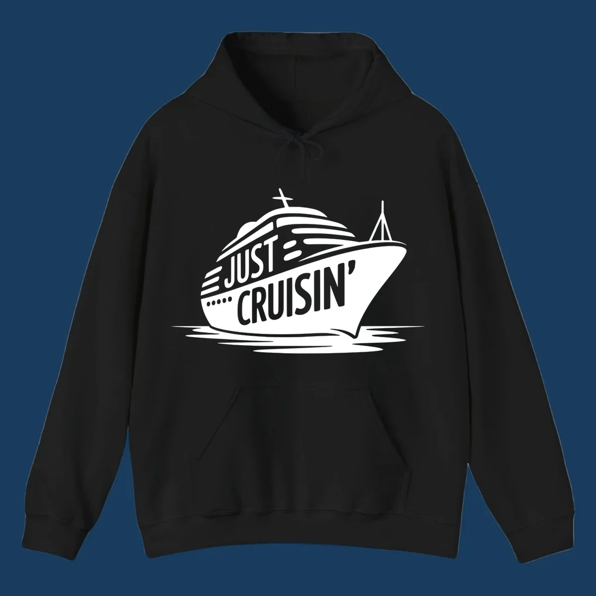White cruise ship with 'JUST CRUISIN'' text on a black background, representing the just-cruisin-ship concept.