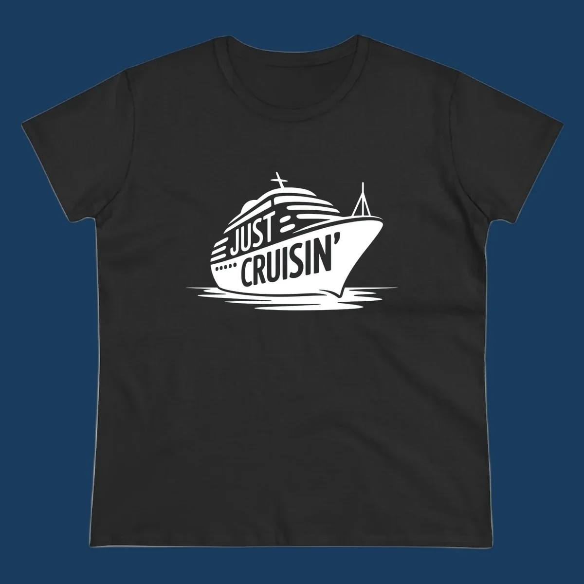 White cruise ship with 'JUST CRUISIN'' text on a black background, representing the just-cruisin-ship concept.