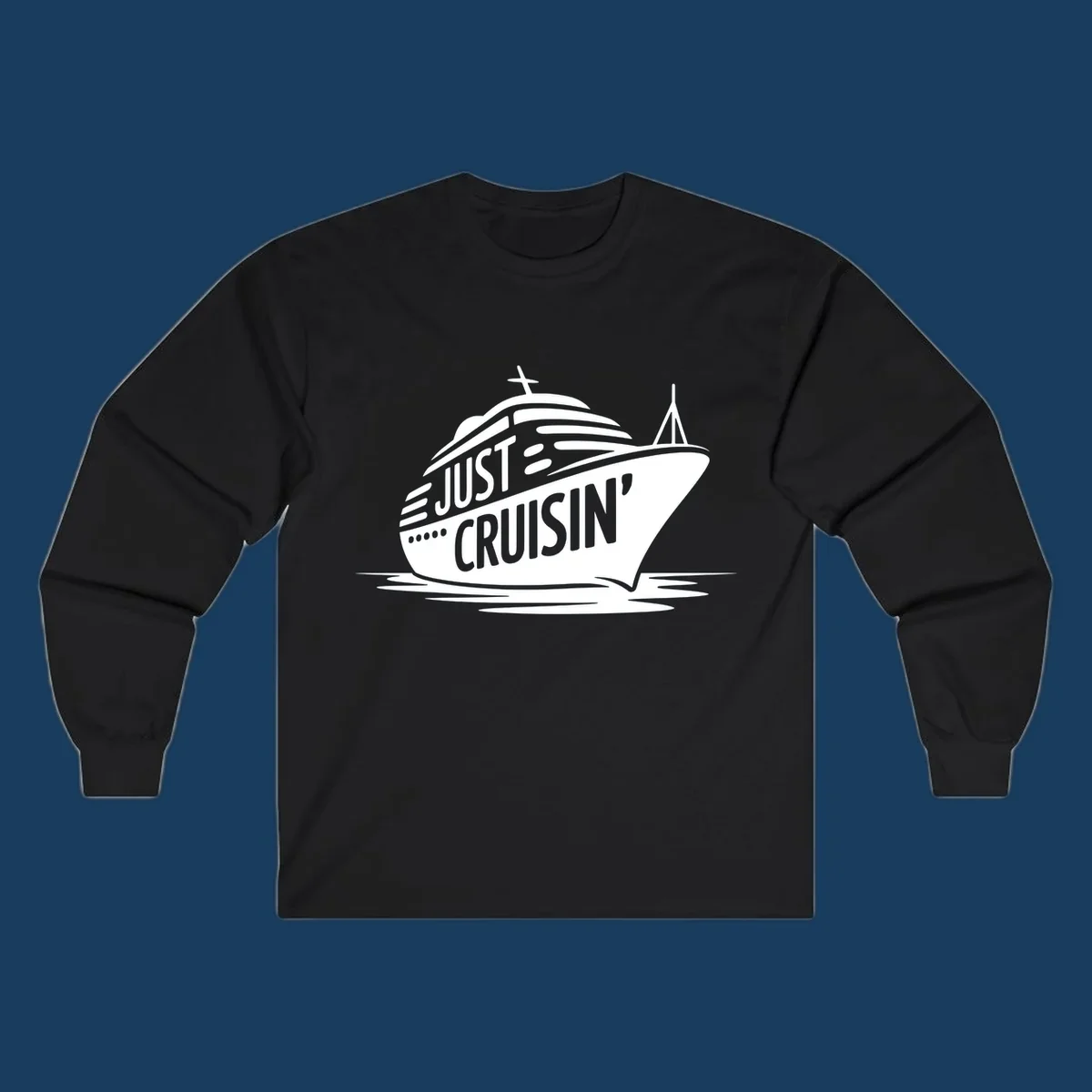 White cruise ship with 'JUST CRUISIN'' text on a black background, representing the just-cruisin-ship concept.