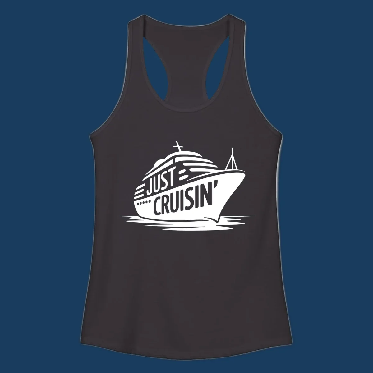 White cruise ship with 'JUST CRUISIN'' text on a black background, representing the just-cruisin-ship concept.
