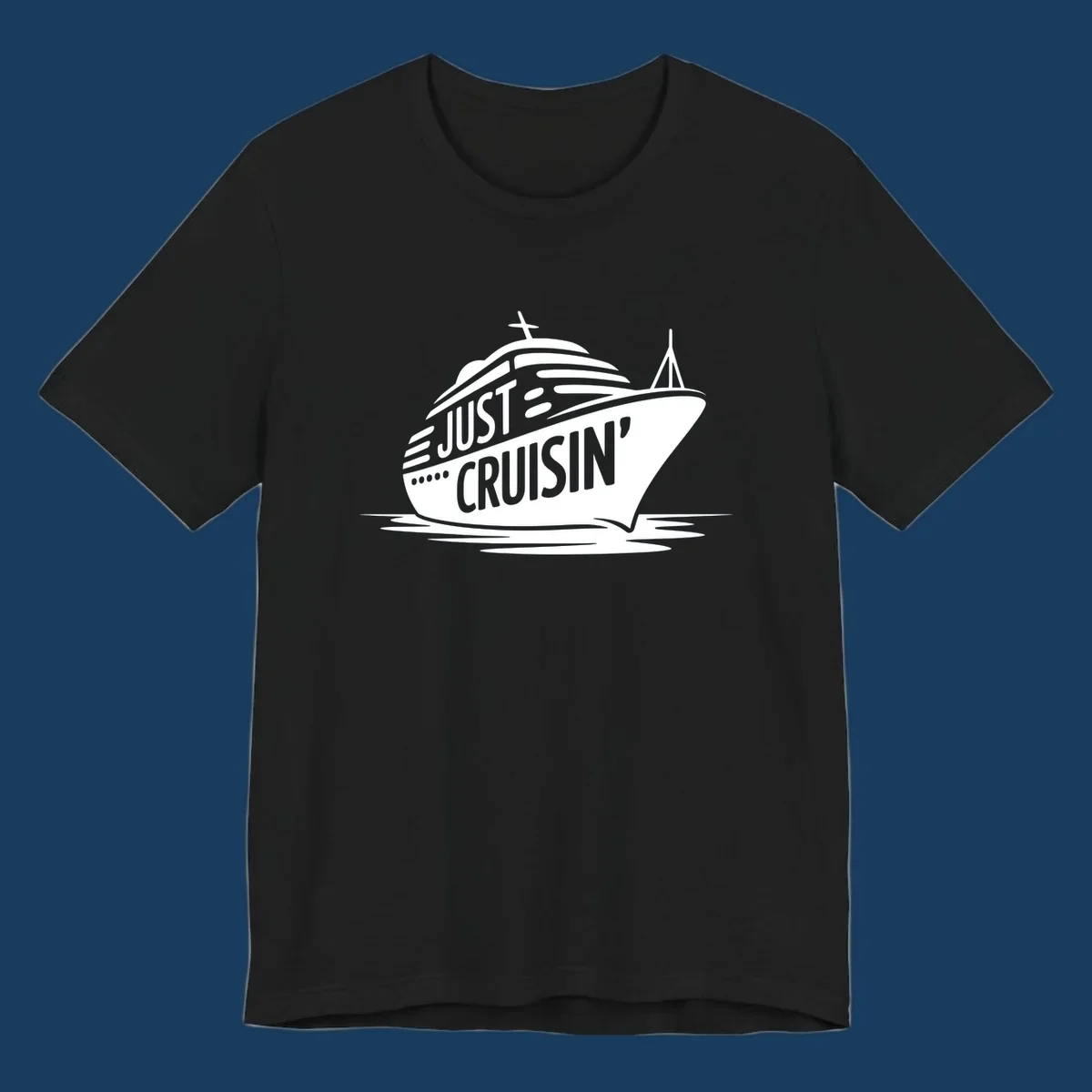 White cruise ship with 'JUST CRUISIN'' text on a black background, representing the just-cruisin-ship concept.