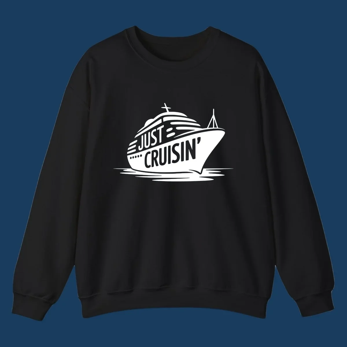 White cruise ship with 'JUST CRUISIN'' text on a black background, representing the just-cruisin-ship concept.