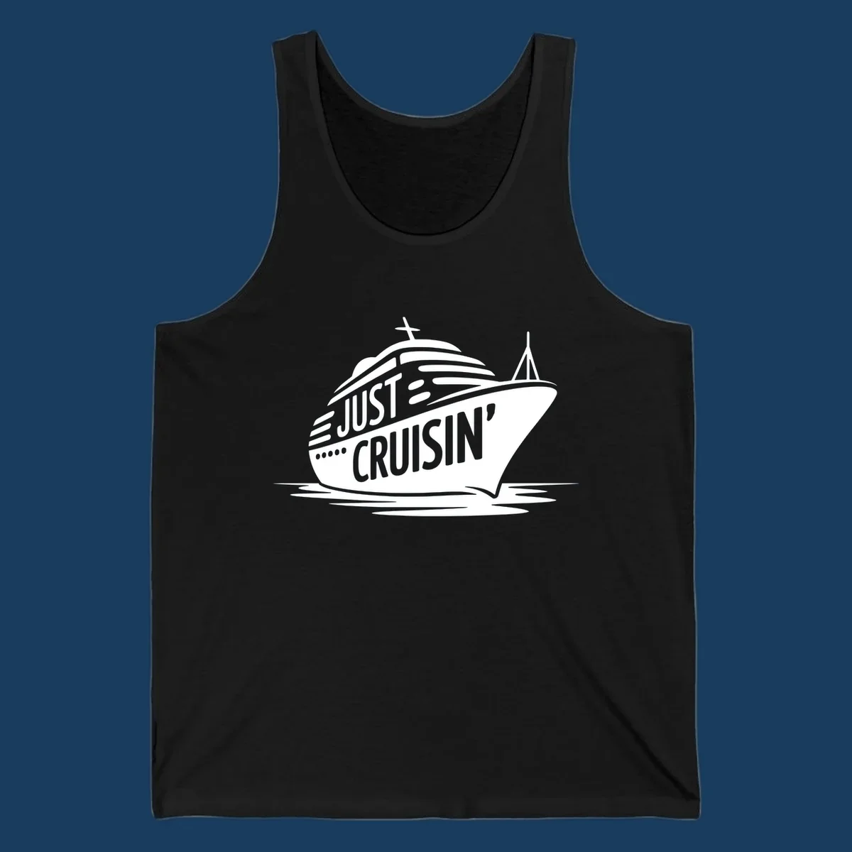 White cruise ship with 'JUST CRUISIN'' text on a black background, representing the just-cruisin-ship concept.