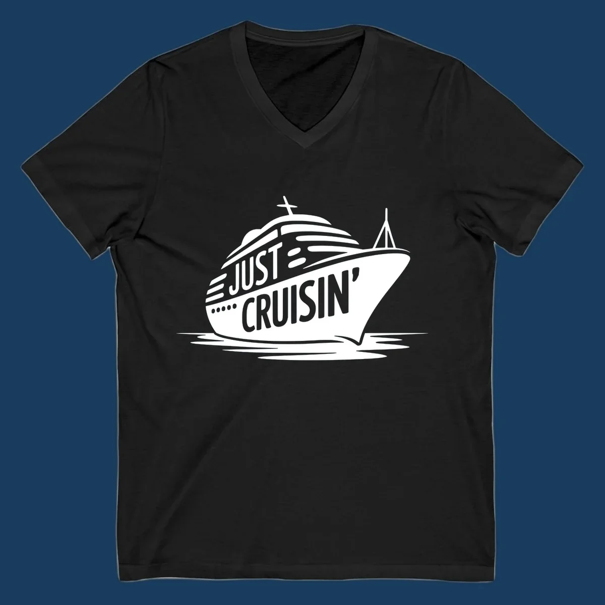 White cruise ship with 'JUST CRUISIN'' text on a black background, representing the just-cruisin-ship concept.