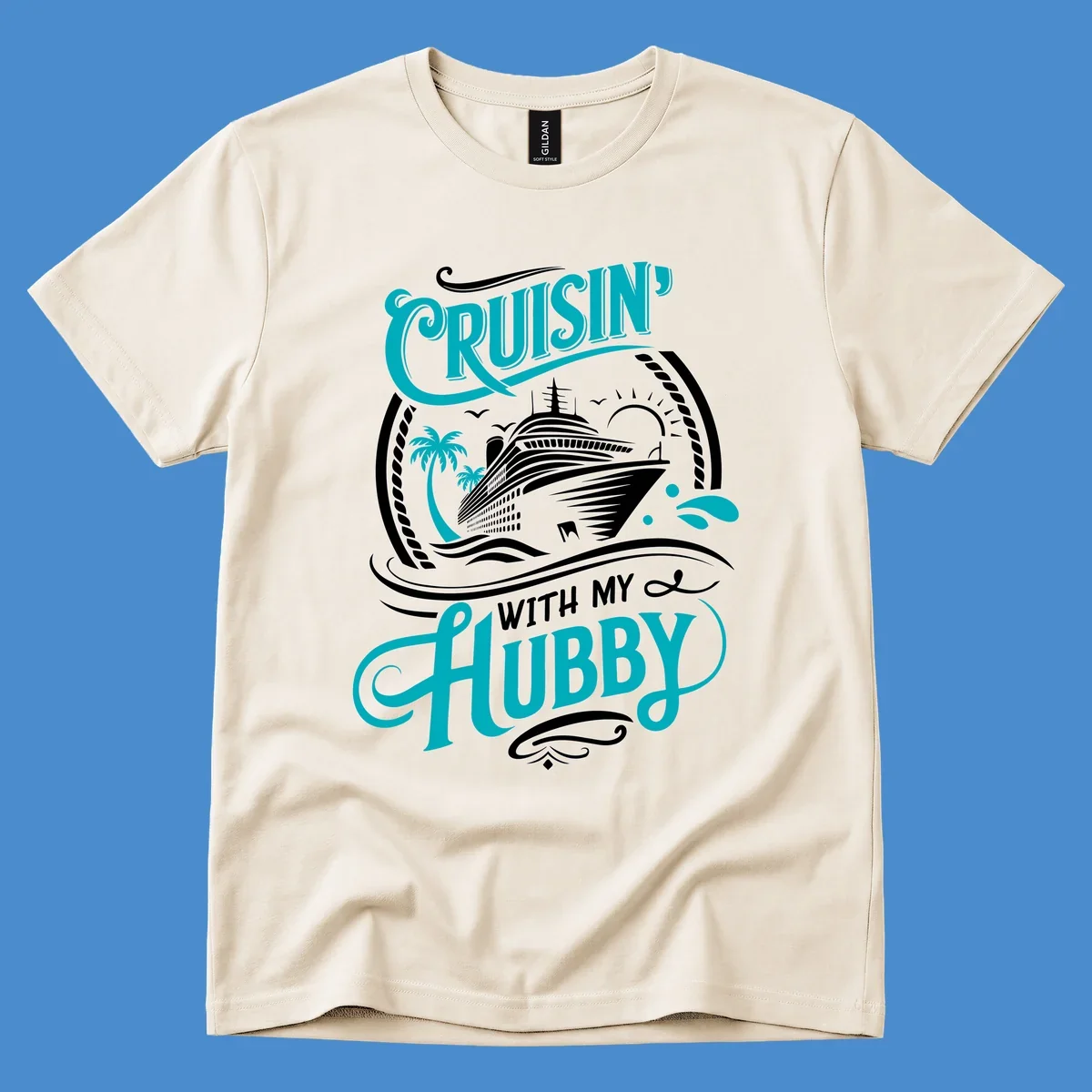 Cruisin with Hubby cruise ship design featuring a ship, palm trees, sun, and text. 