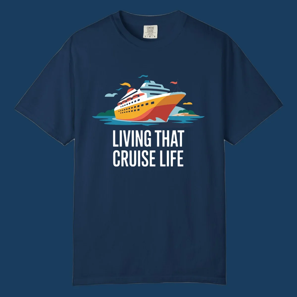 Illustration of a cruise ship with text 'LIVING THAT CRUISE LIFE', representing the living the cruise life concept.