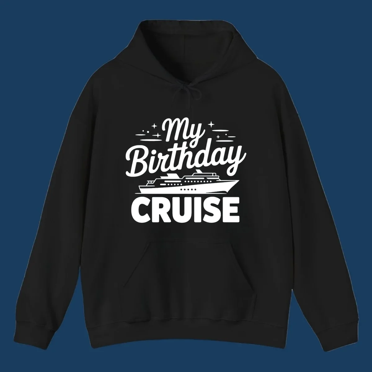 My Birthday Cruise text and illustration with a cruise ship and stars.