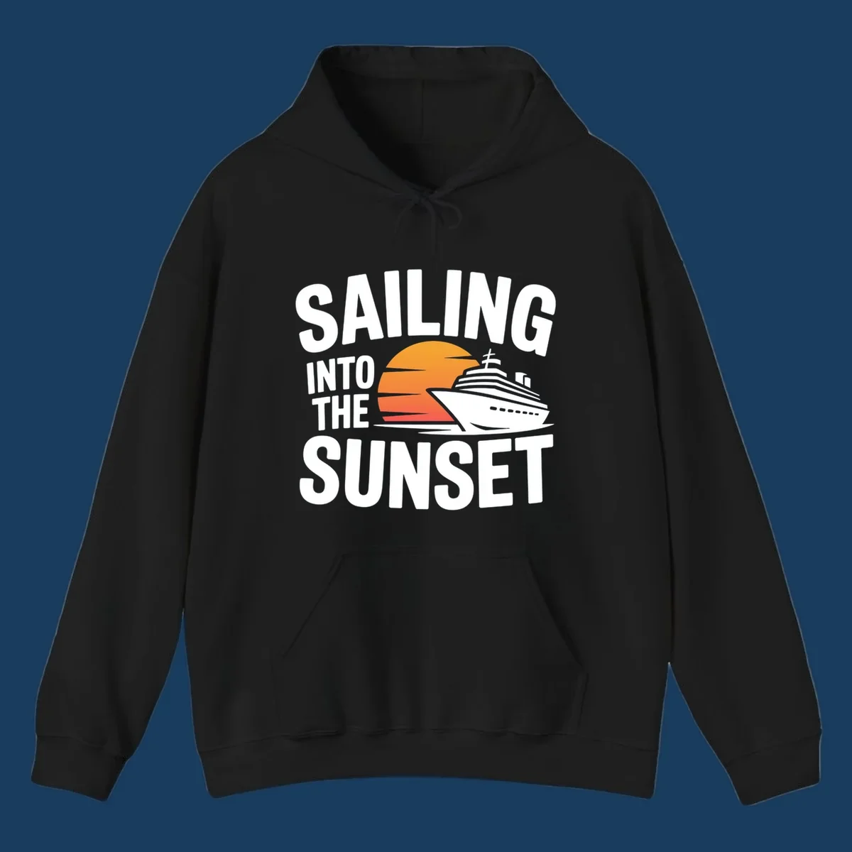 Sailing into sunset cruise ship graphic with text.
