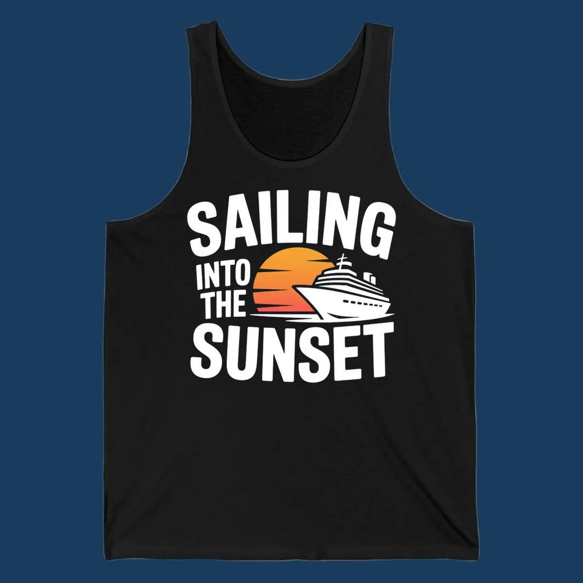 Sailing into sunset cruise ship graphic with text.