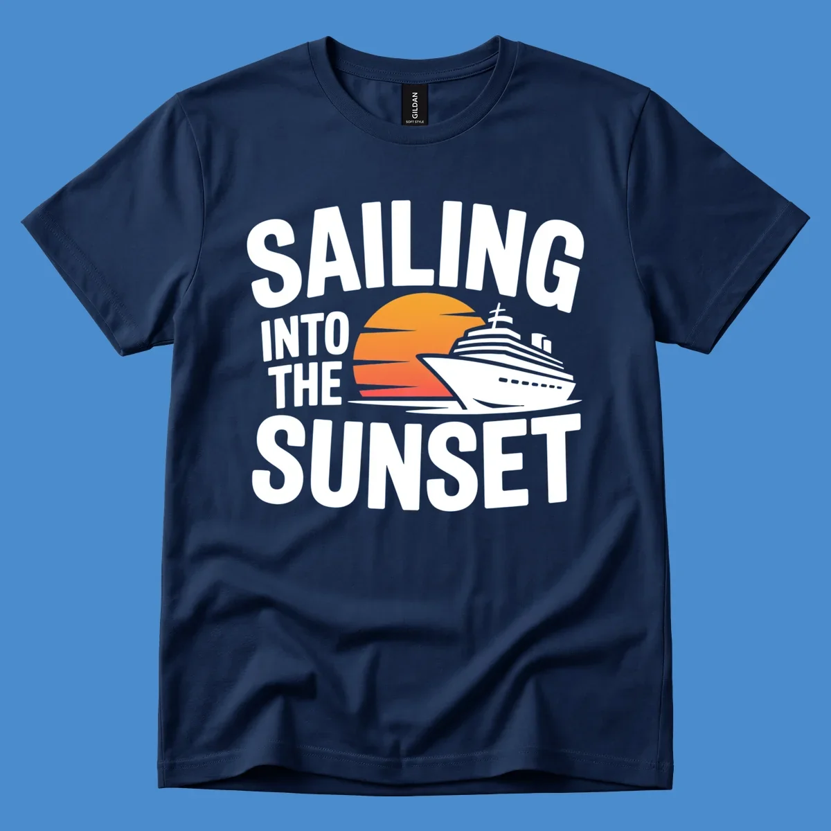 Sailing into sunset cruise ship graphic with text.