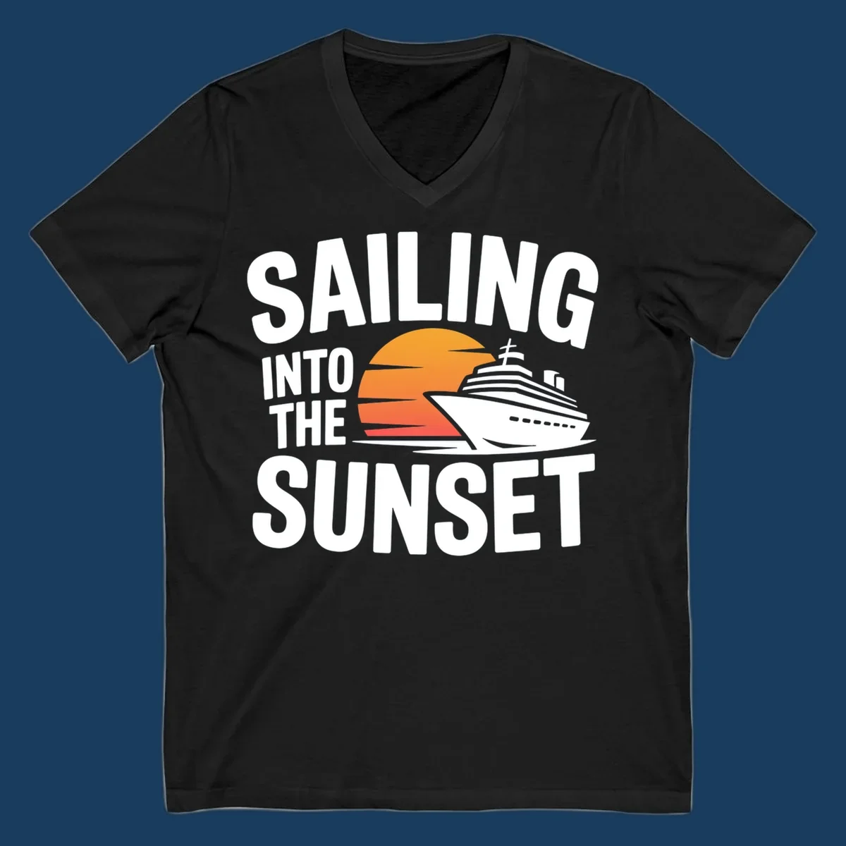 Sailing into sunset cruise ship graphic with text.