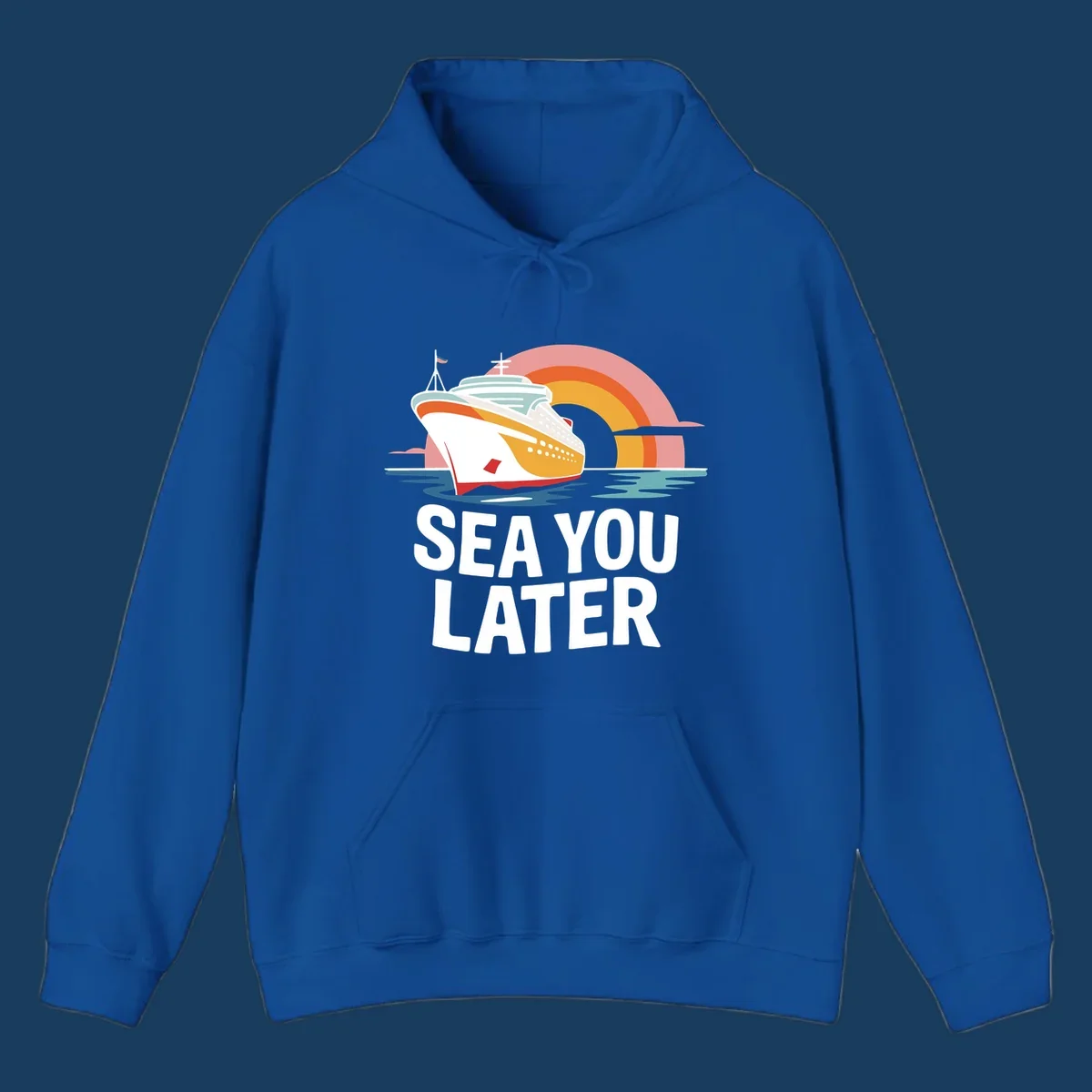 Cruise ship with rainbow and 'SEA YOU LATER' text.