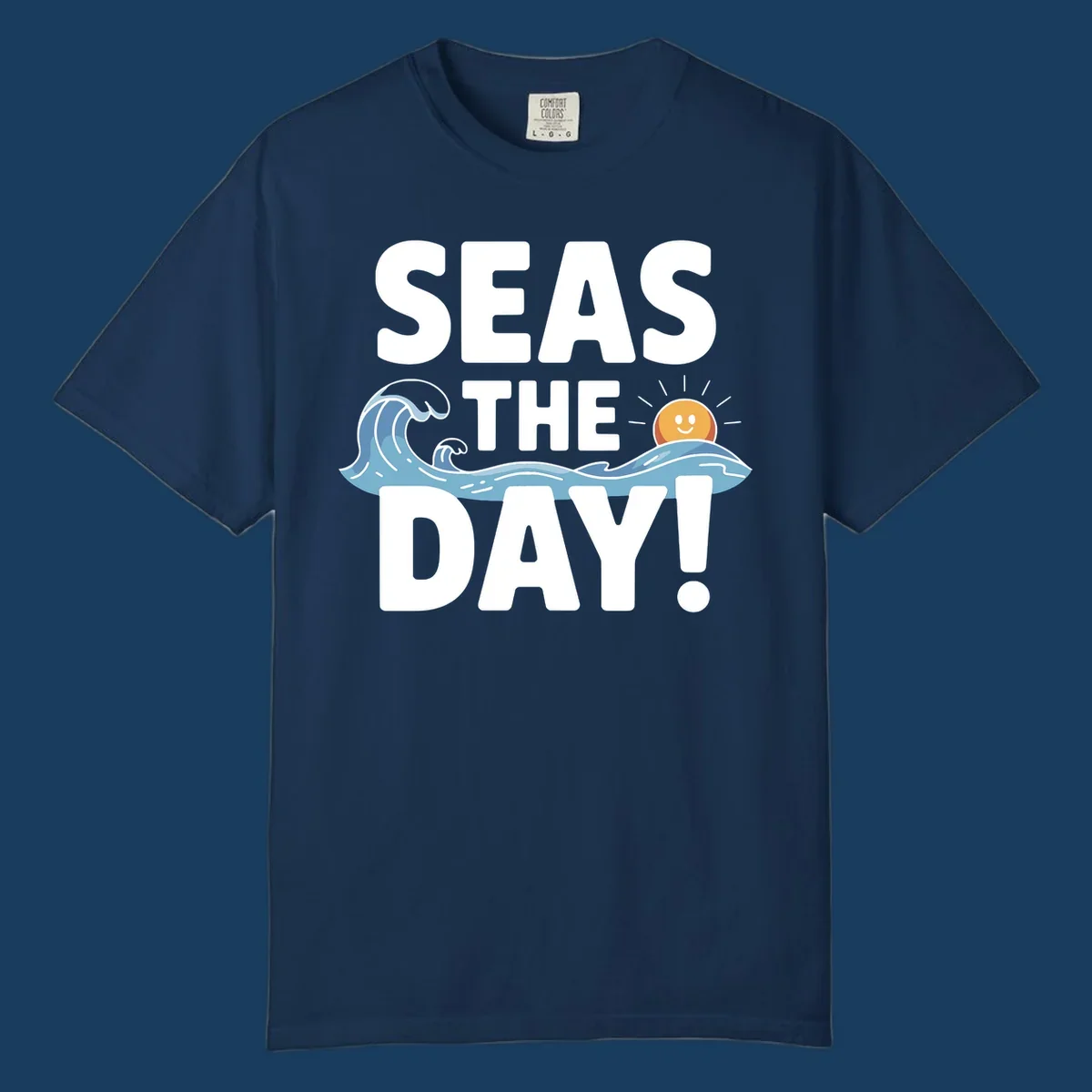 Seas The Day pun design with ocean waves and a smiling sun.