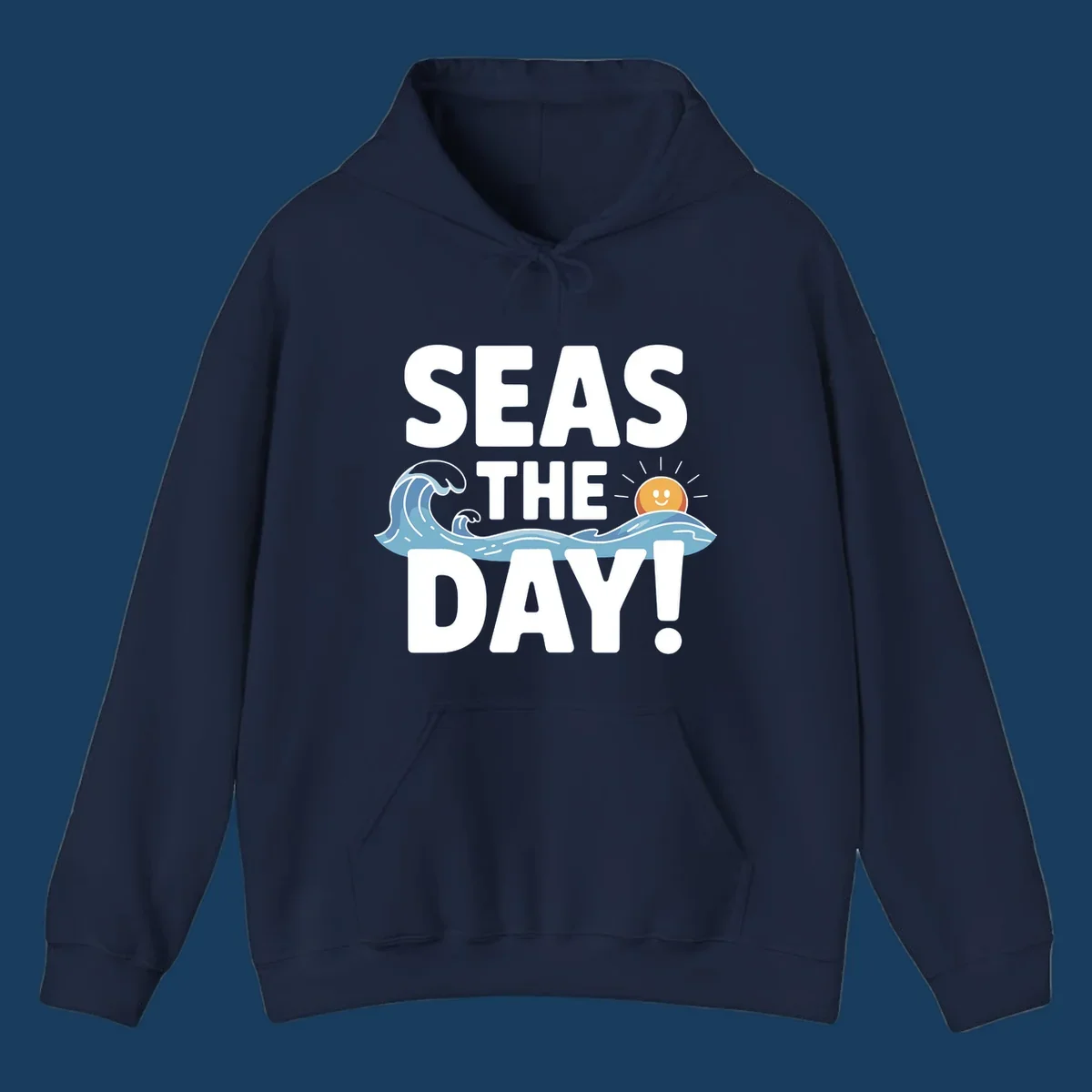 Seas The Day pun design with ocean waves and a smiling sun.