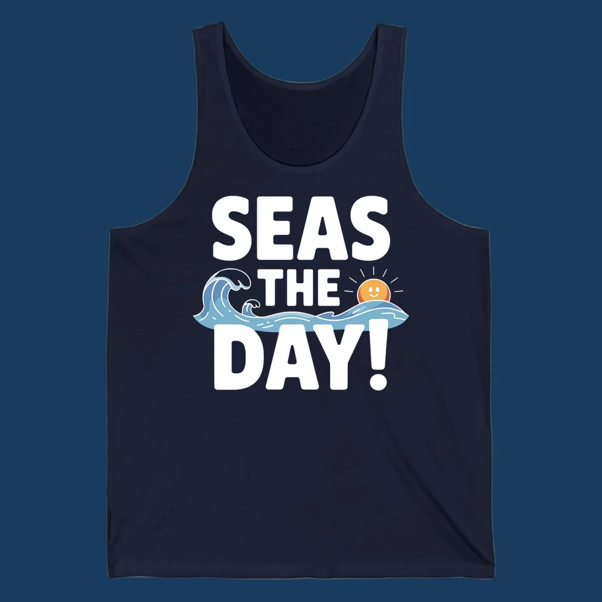 Seas The Day pun design with ocean waves and a smiling sun.