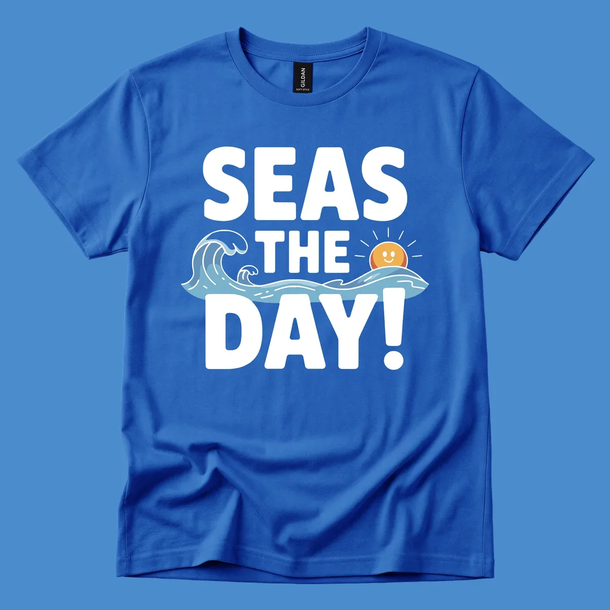 Seas The Day pun design with ocean waves and a smiling sun.