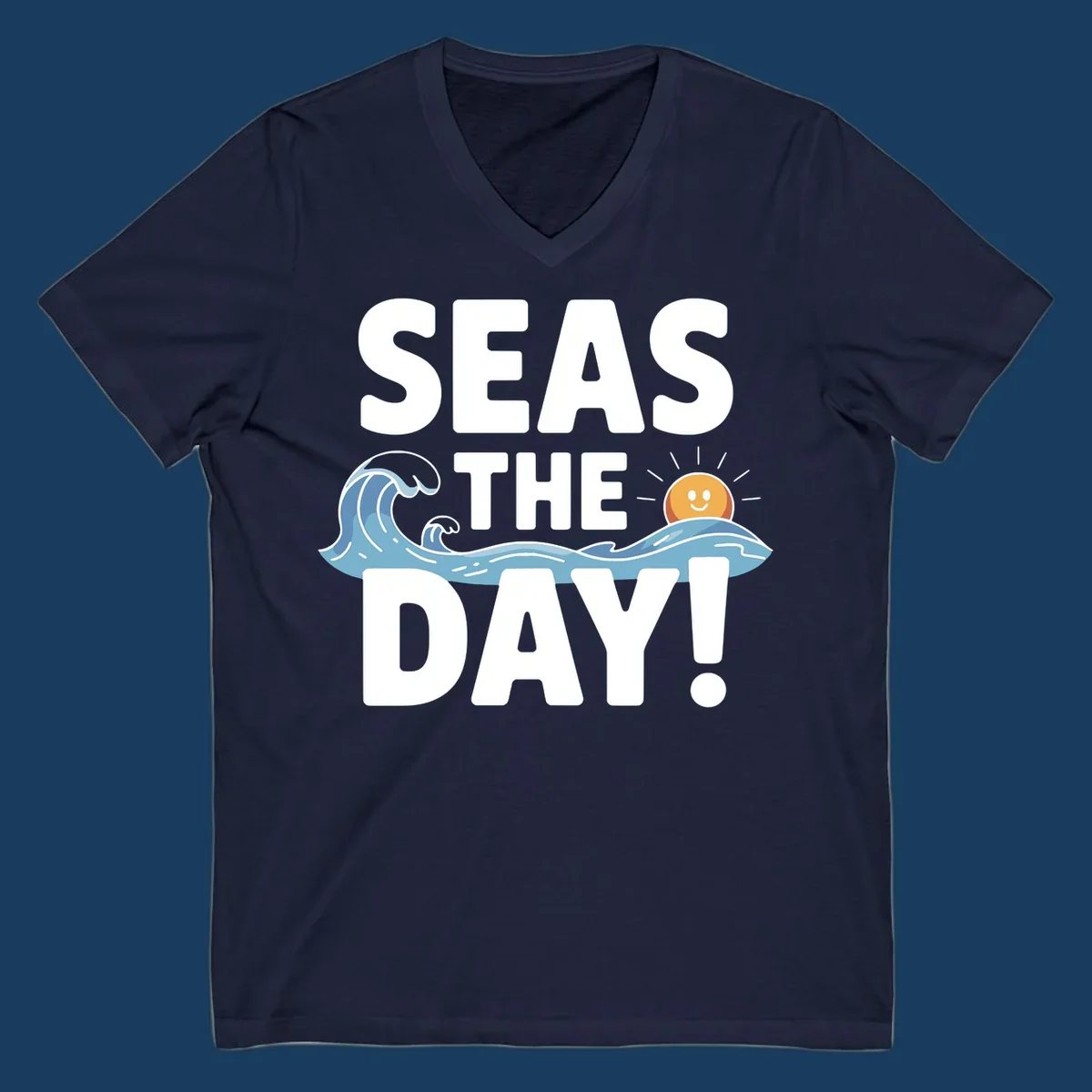 Seas The Day pun design with ocean waves and a smiling sun.