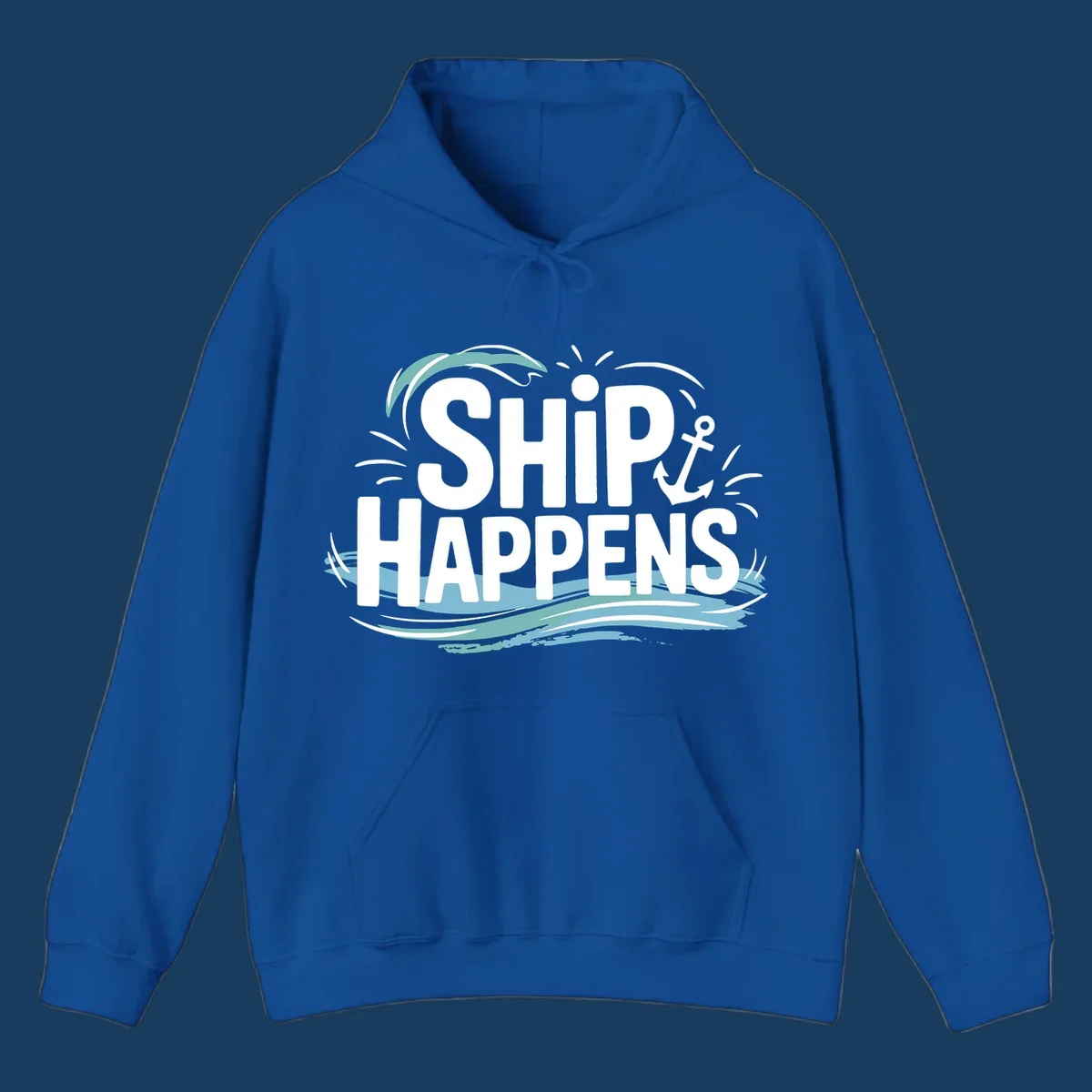 Text design with 'SHIP HAPPENS' and nautical elements like an anchor and waves.