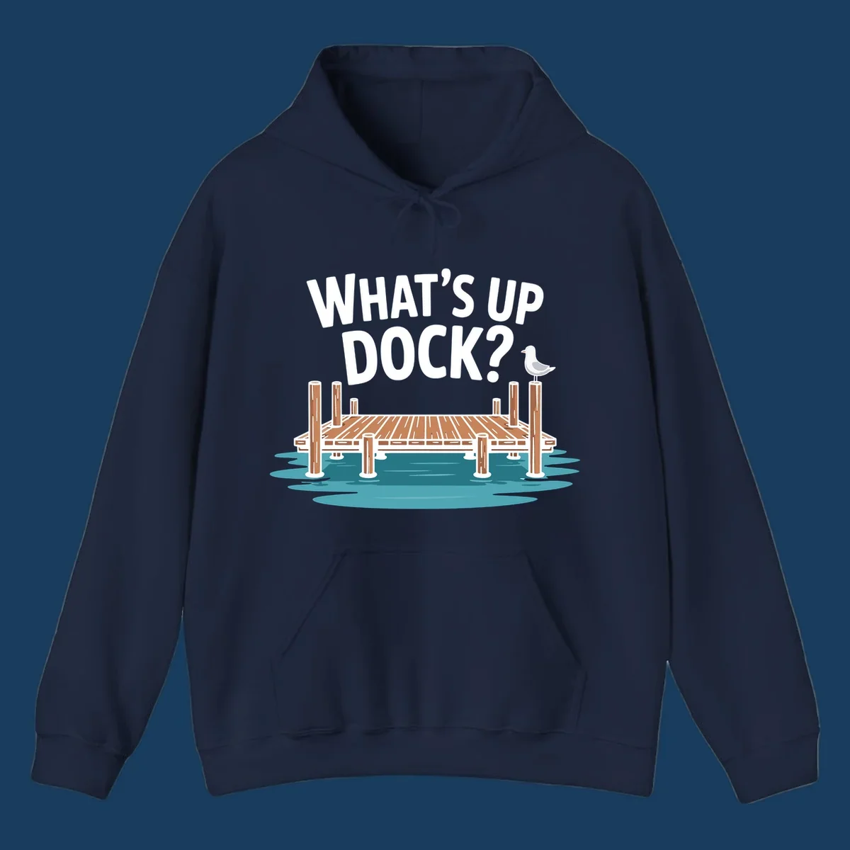What's up dock pun design with text, dock, and seagull.