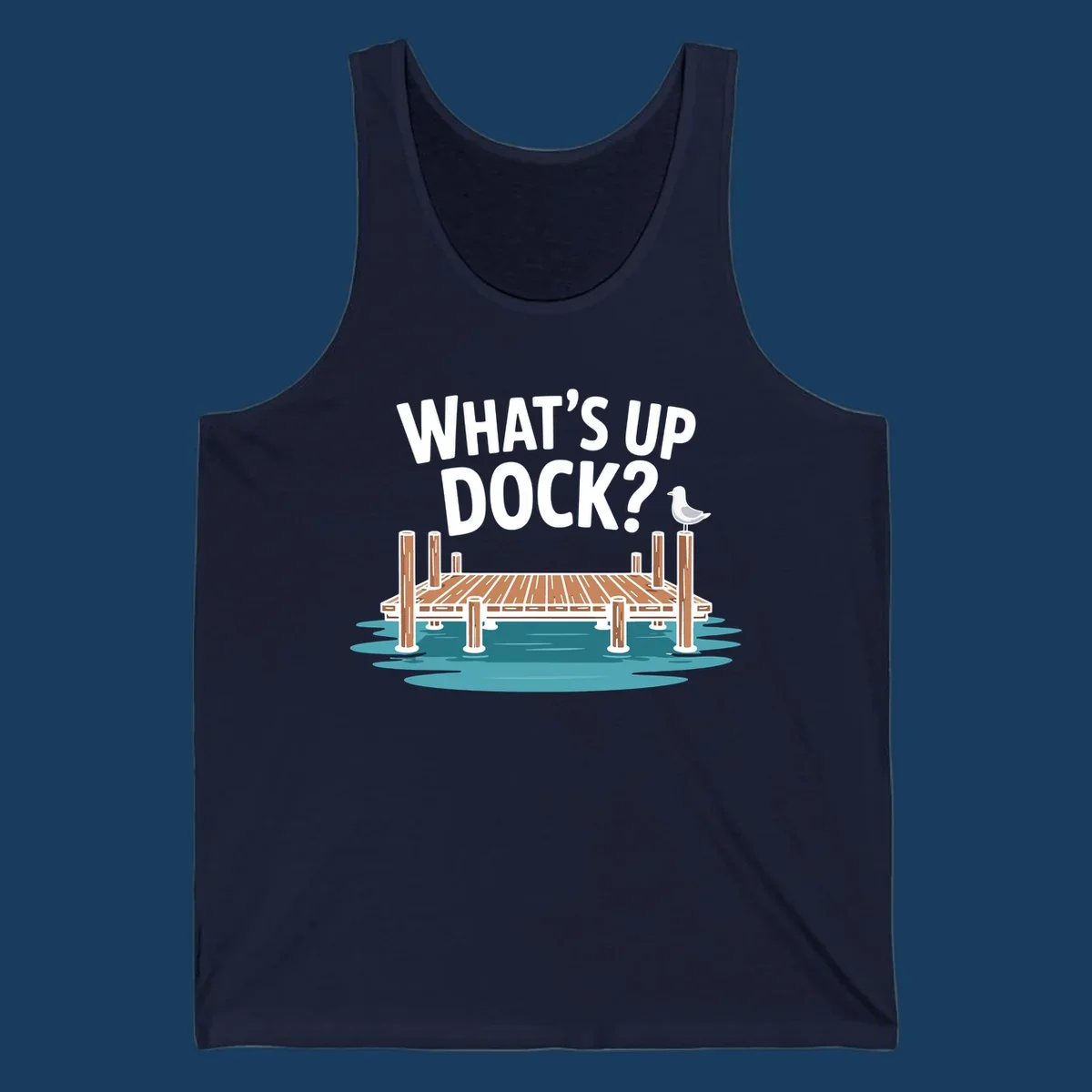 What's up dock pun design with text, dock, and seagull.