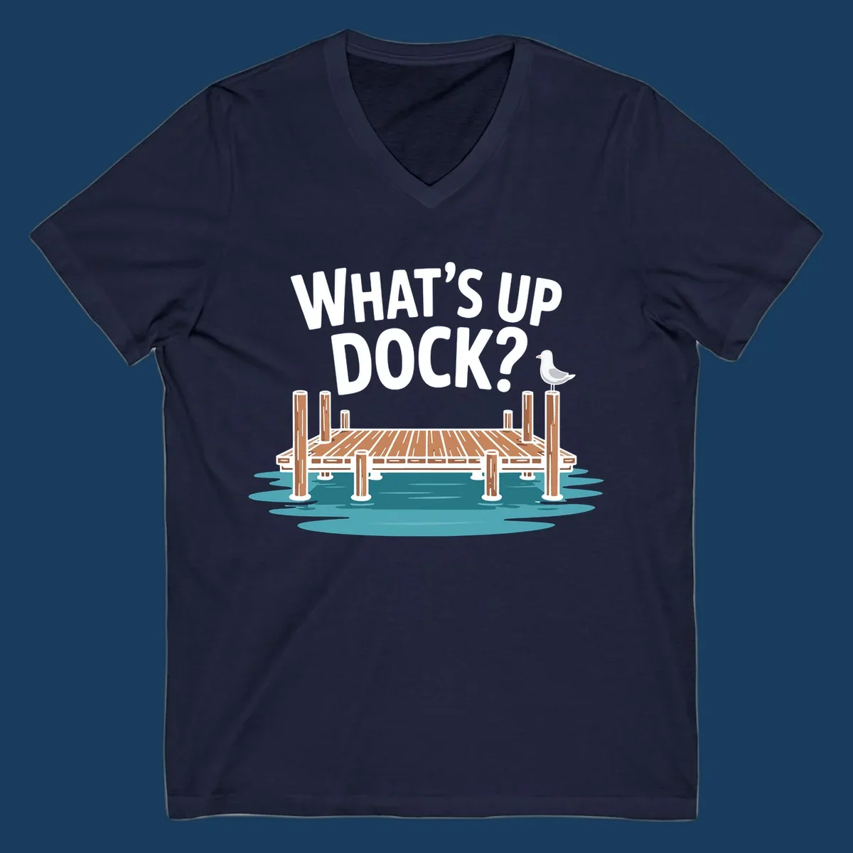 What's up dock pun design with text, dock, and seagull.