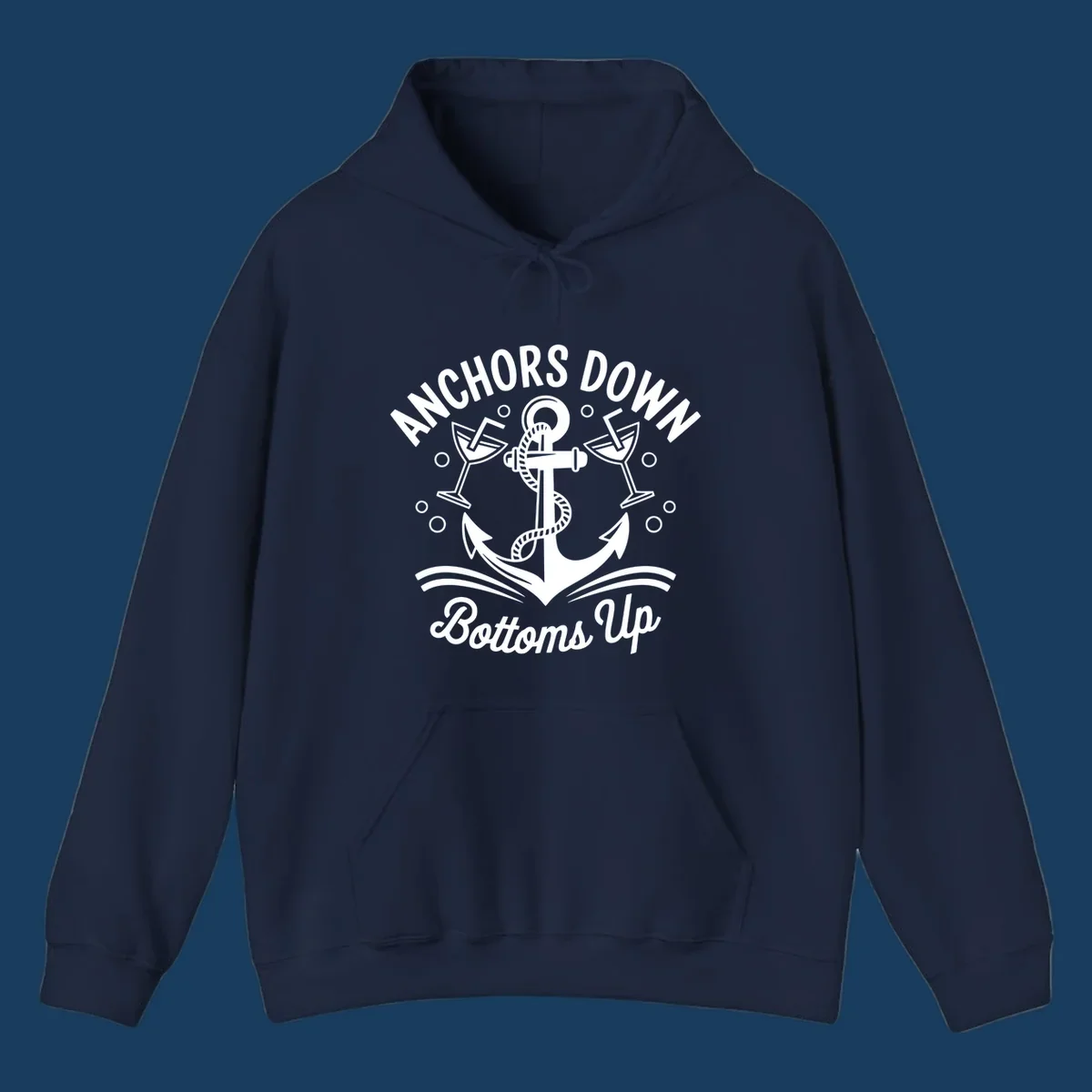 Anchors down bottoms up nautical cruise design with anchor and martini glasses.