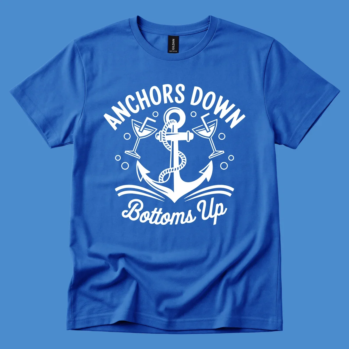 Anchors down bottoms up nautical cruise design with anchor and martini glasses.