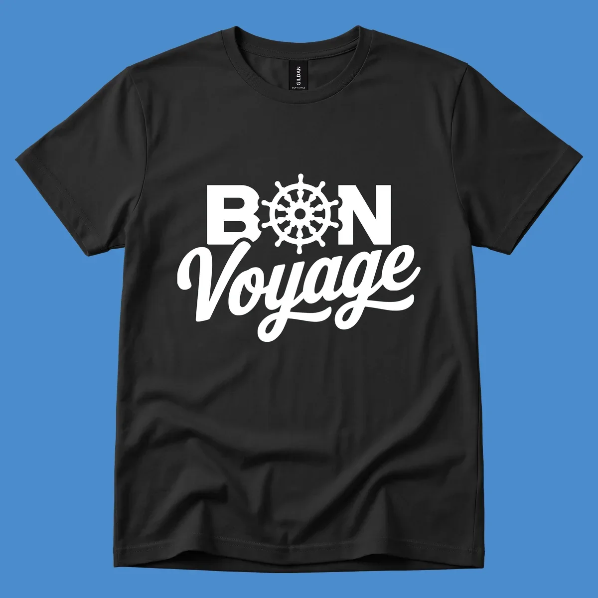 Bon voyage nautical ship's wheel text design.