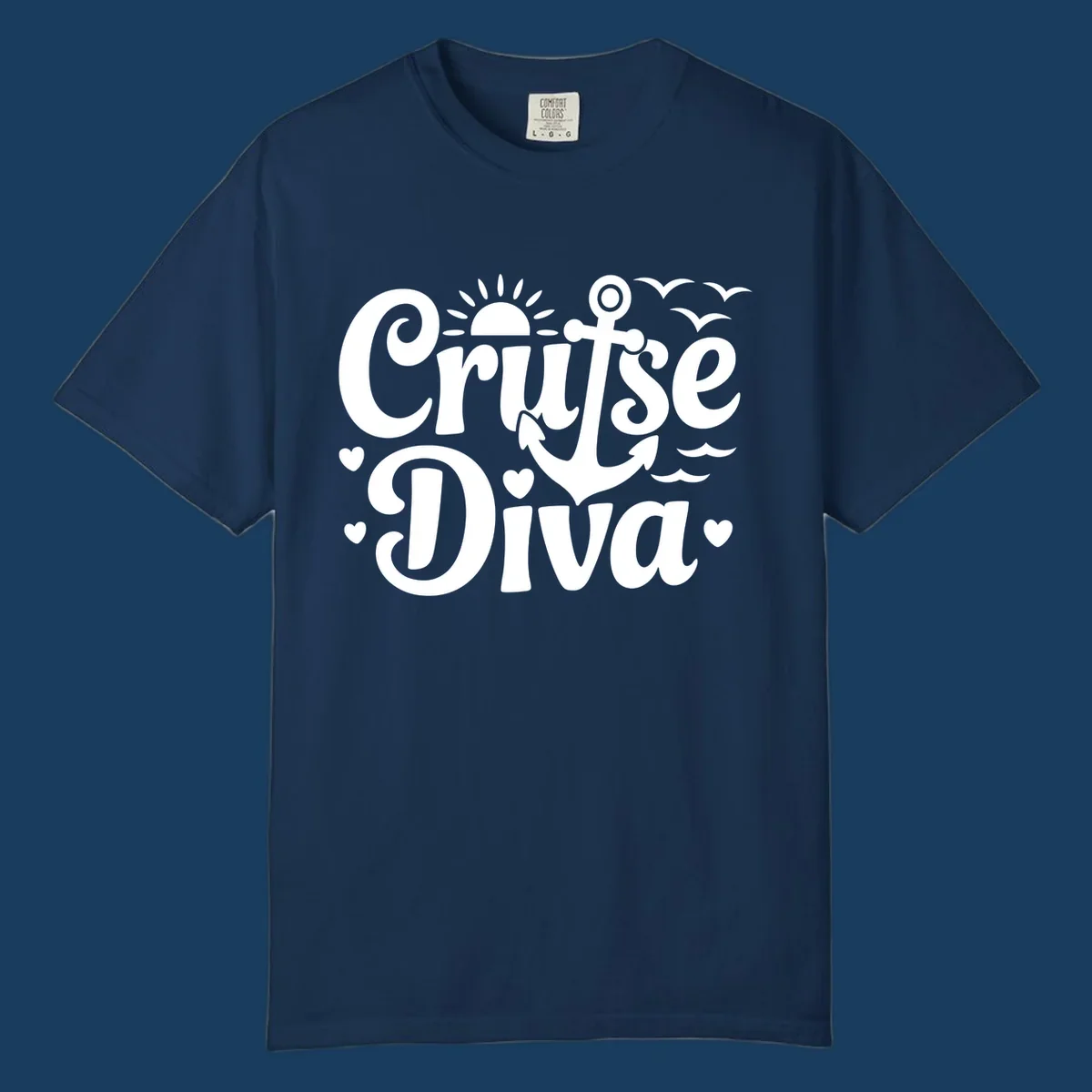 Cruise Diva text with anchor, sun, waves, and hearts graphic for nautical travel.