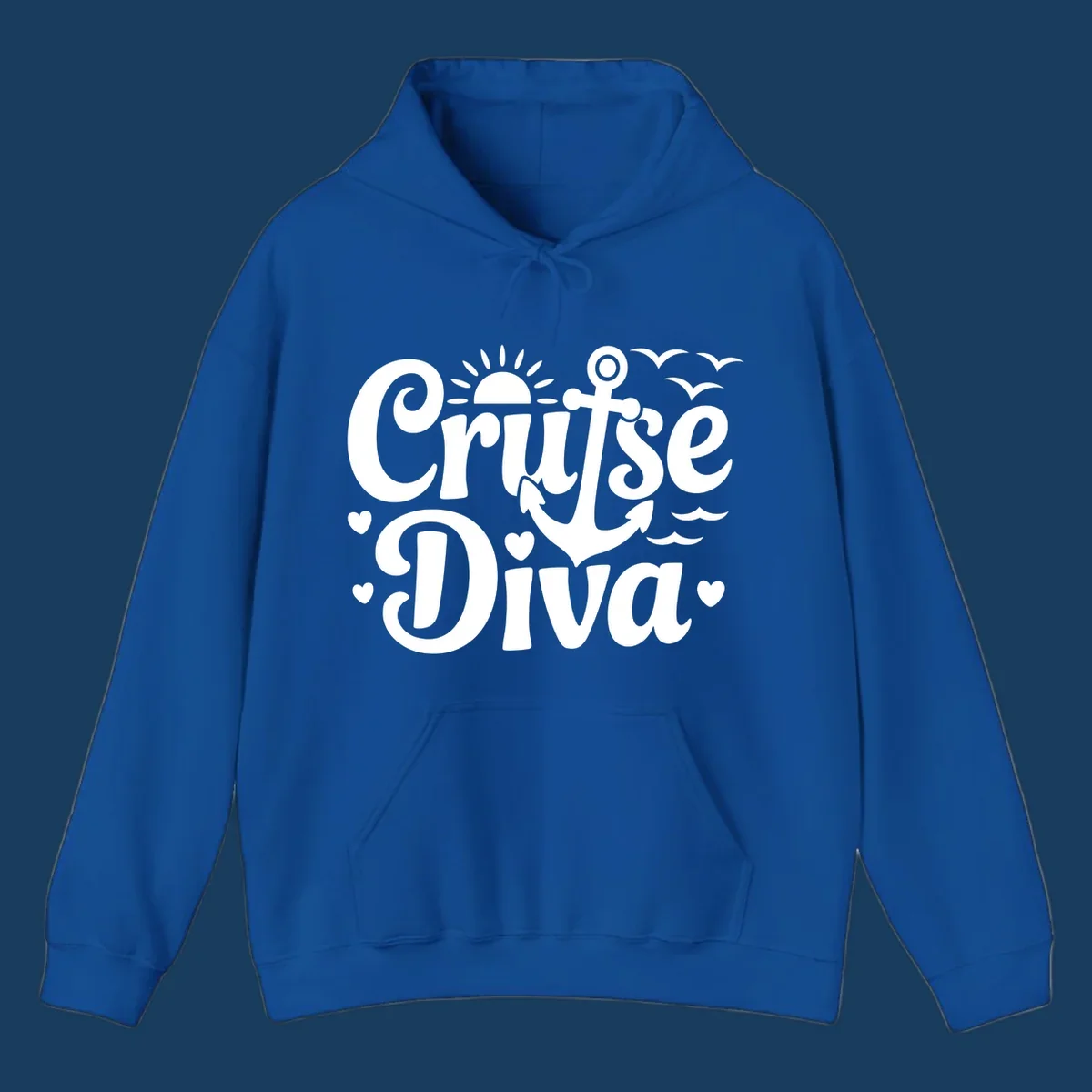 Cruise Diva text with anchor, sun, waves, and hearts graphic for nautical travel.