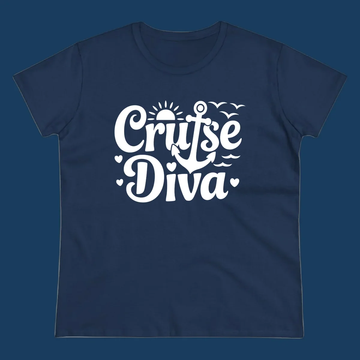 Cruise Diva text with anchor, sun, waves, and hearts graphic for nautical travel.