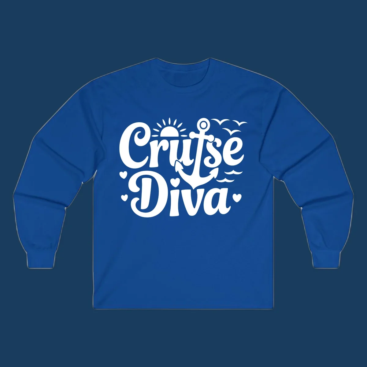 Cruise Diva text with anchor, sun, waves, and hearts graphic for nautical travel.