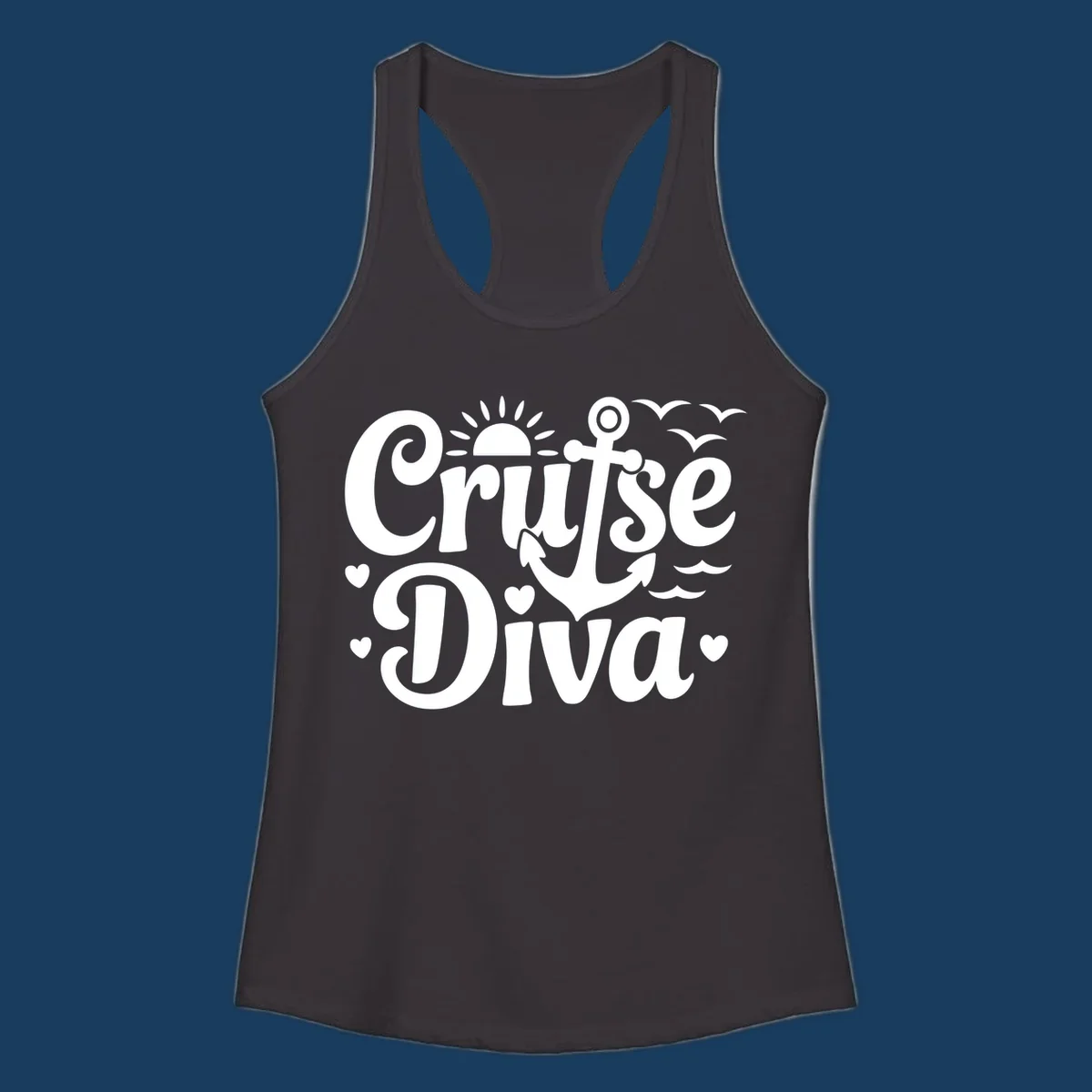 Cruise Diva text with anchor, sun, waves, and hearts graphic for nautical travel.