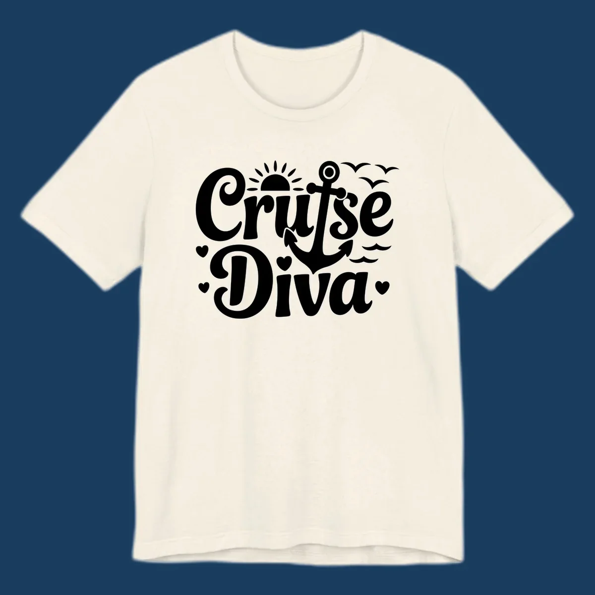 Cruise Diva text with anchor, sun, waves, and hearts graphic for nautical travel.