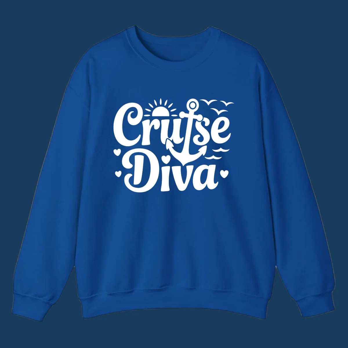 Cruise Diva text with anchor, sun, waves, and hearts graphic for nautical travel.