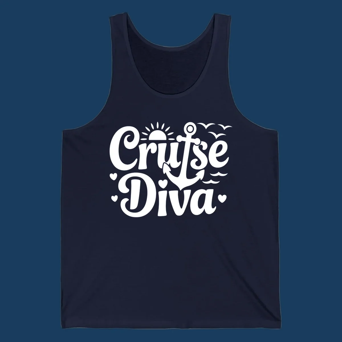 Cruise Diva text with anchor, sun, waves, and hearts graphic for nautical travel.