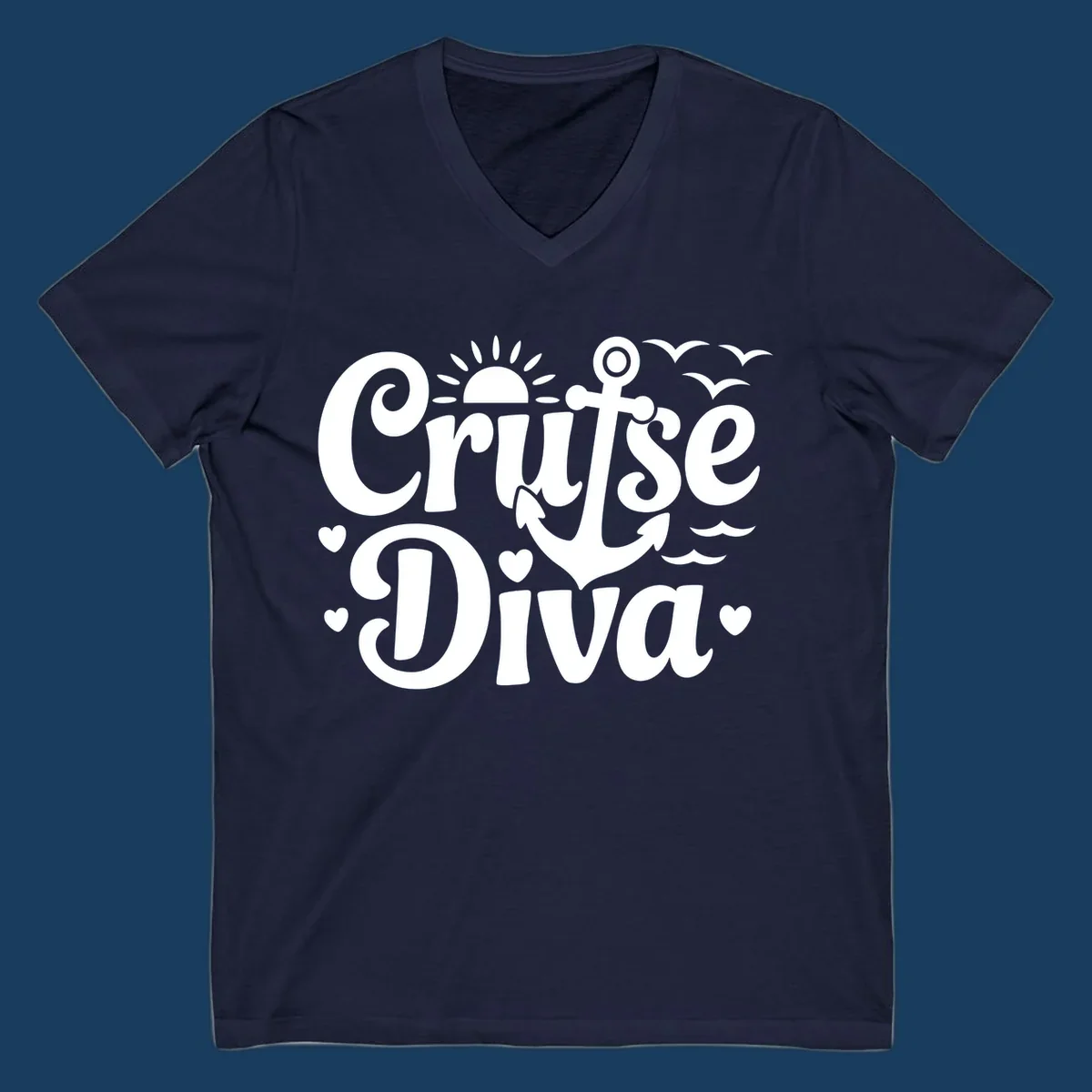 Cruise Diva text with anchor, sun, waves, and hearts graphic for nautical travel.