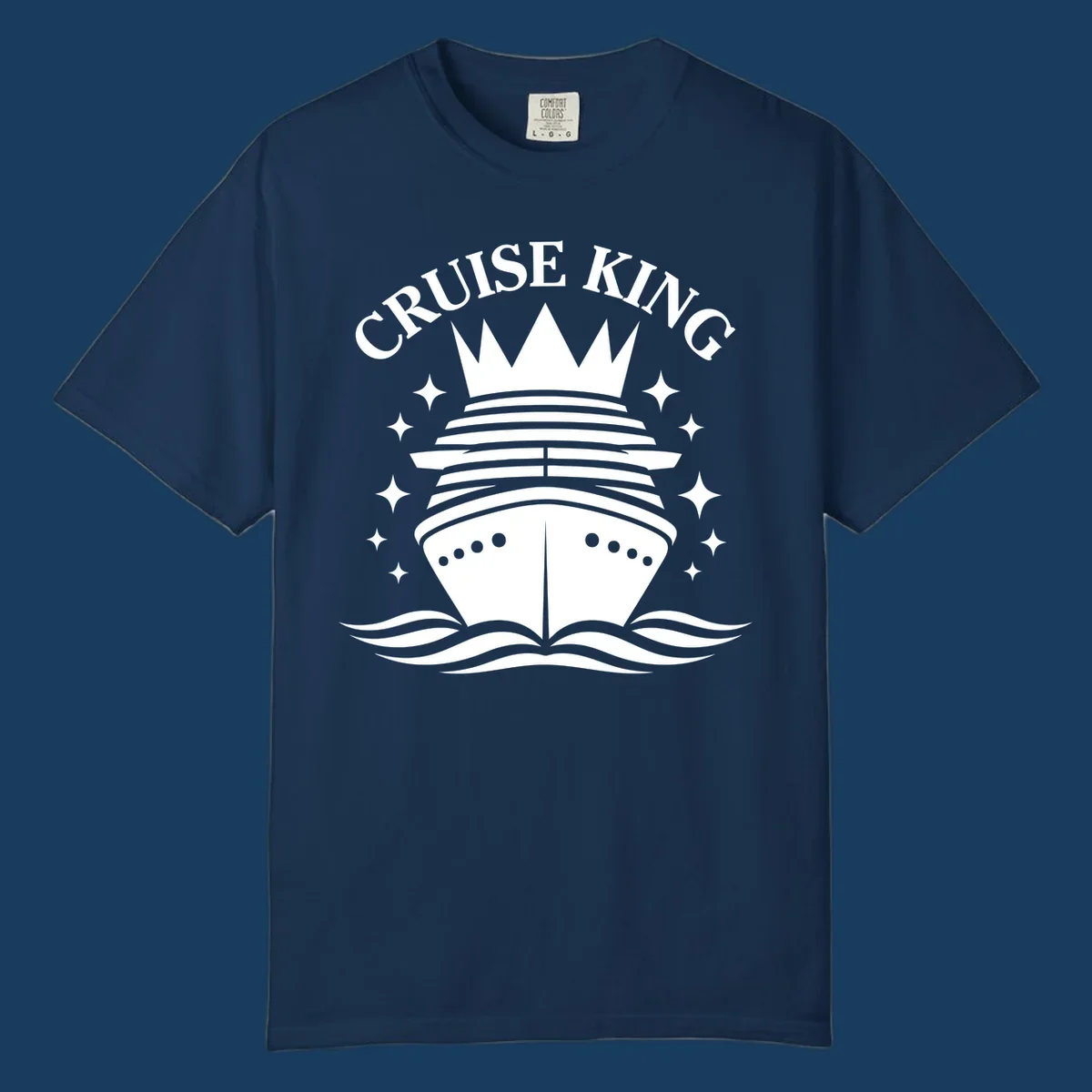 Cruise King crowned ship illustration with stars and waves.