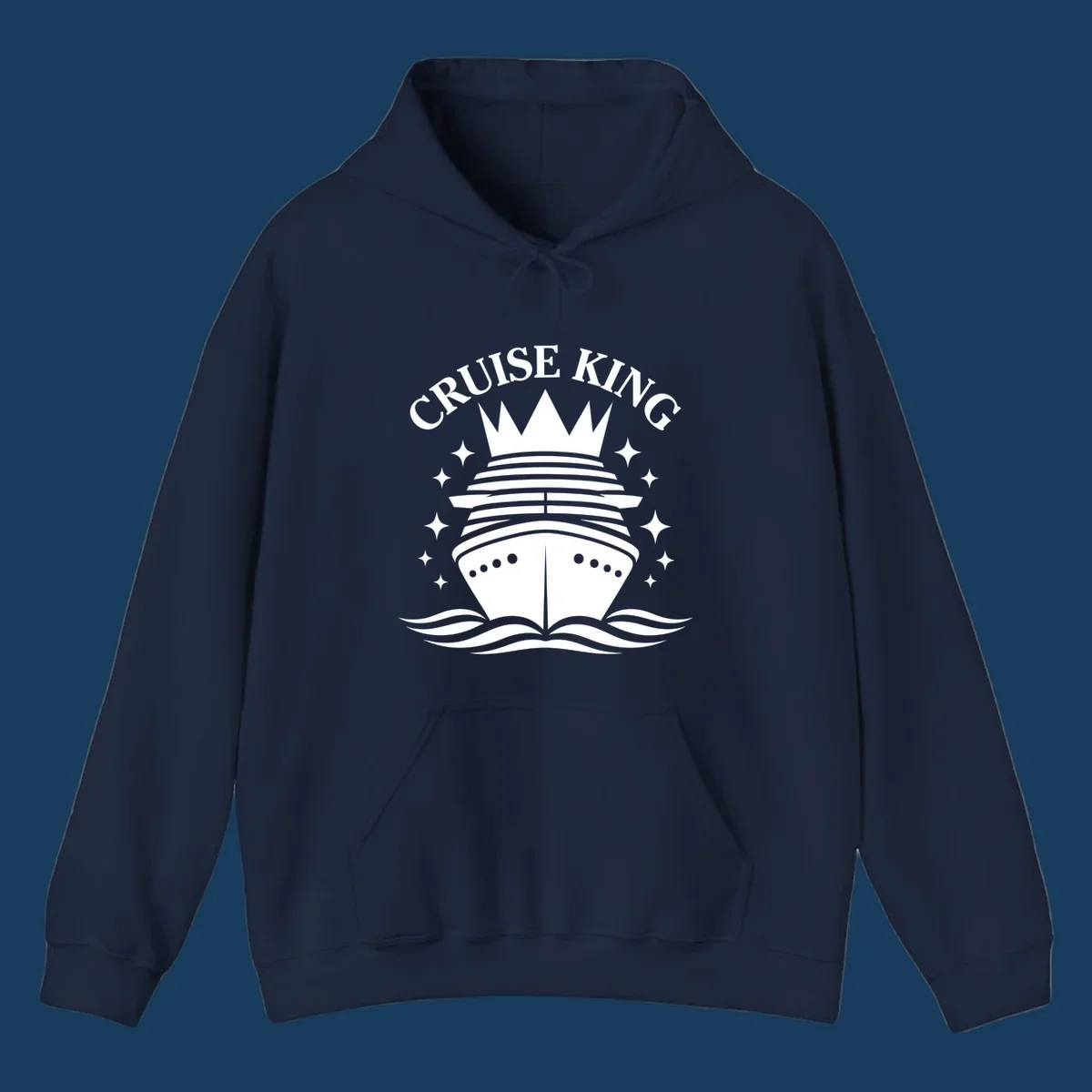 Cruise King crowned ship illustration with stars and waves.