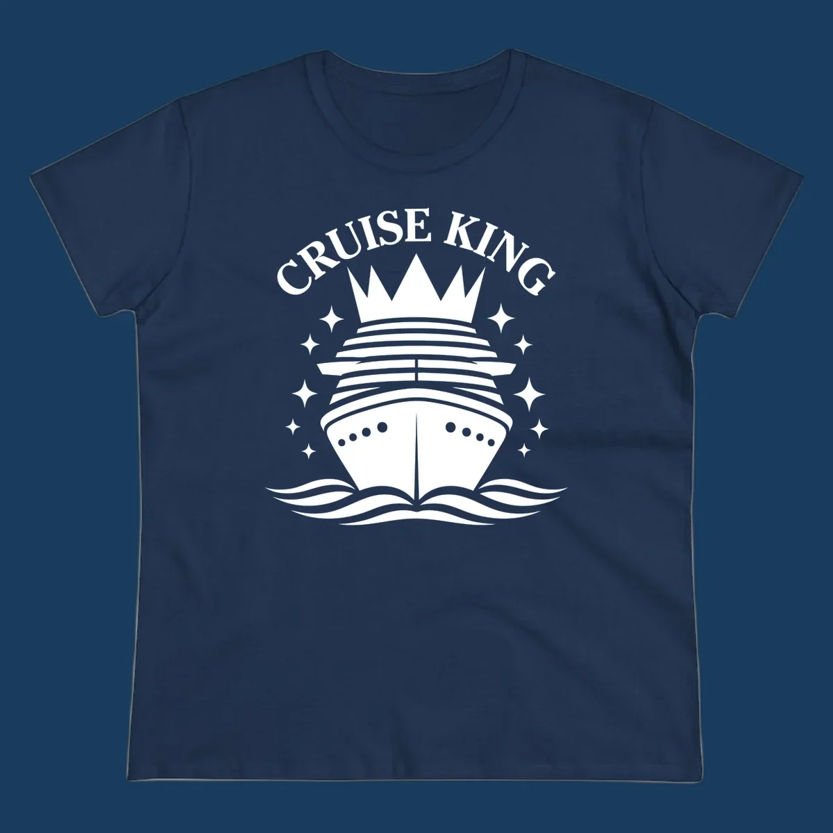 Cruise King crowned ship illustration with stars and waves.