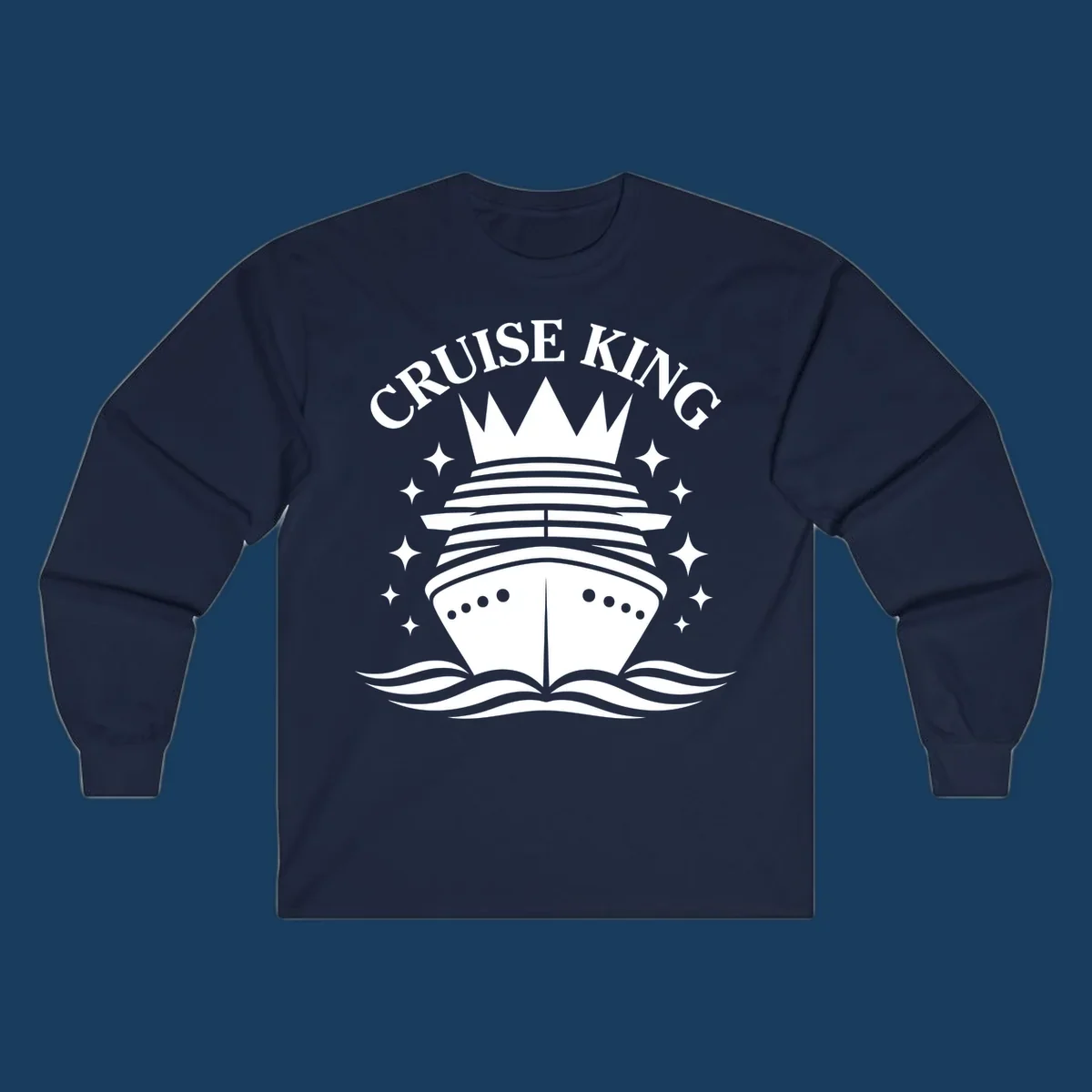 Cruise King crowned ship illustration with stars and waves.