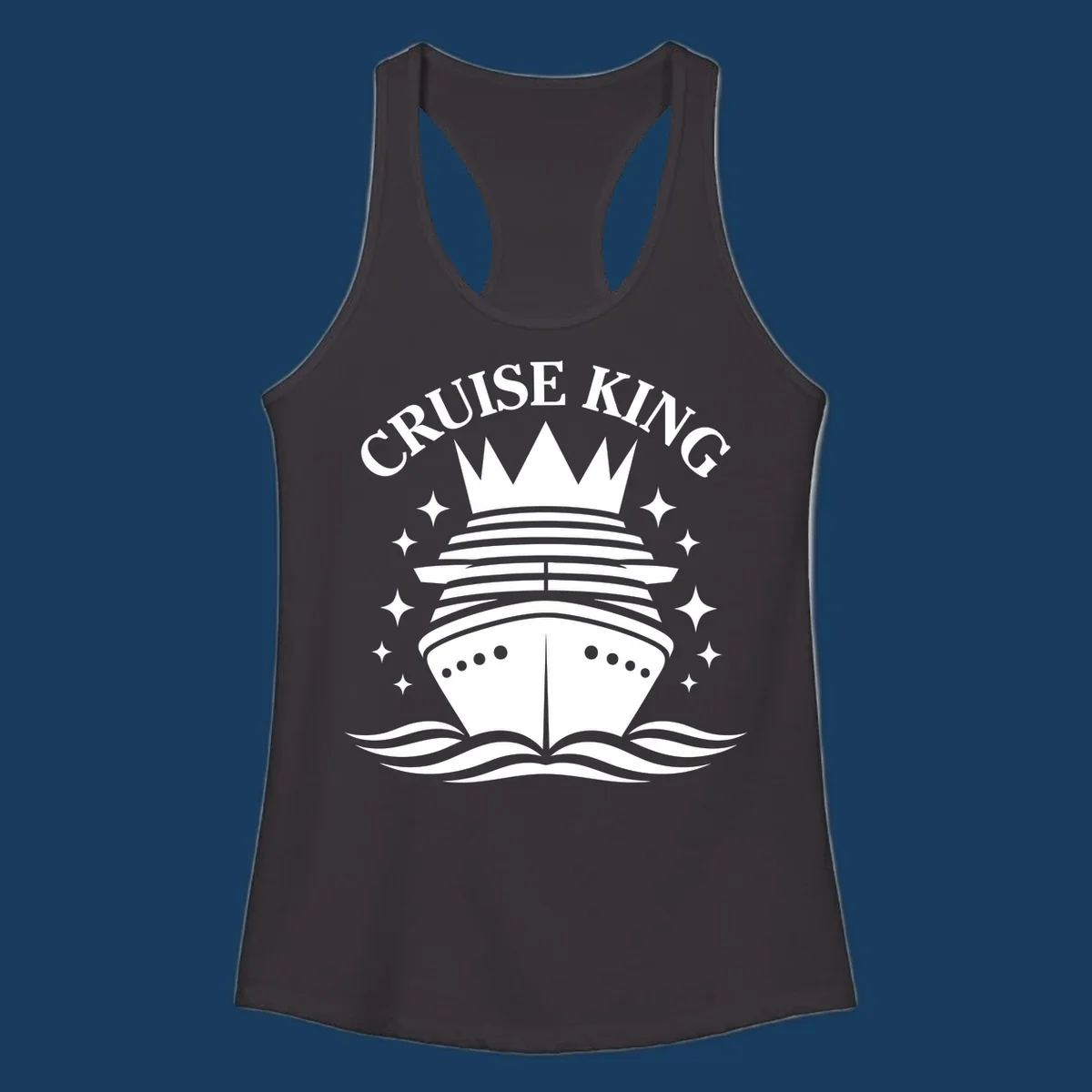 Cruise King crowned ship illustration with stars and waves.