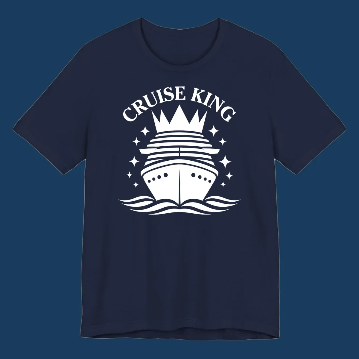 Cruise King crowned ship illustration with stars and waves.