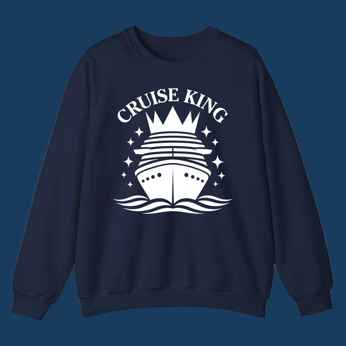 Cruise King crowned ship illustration with stars and waves.