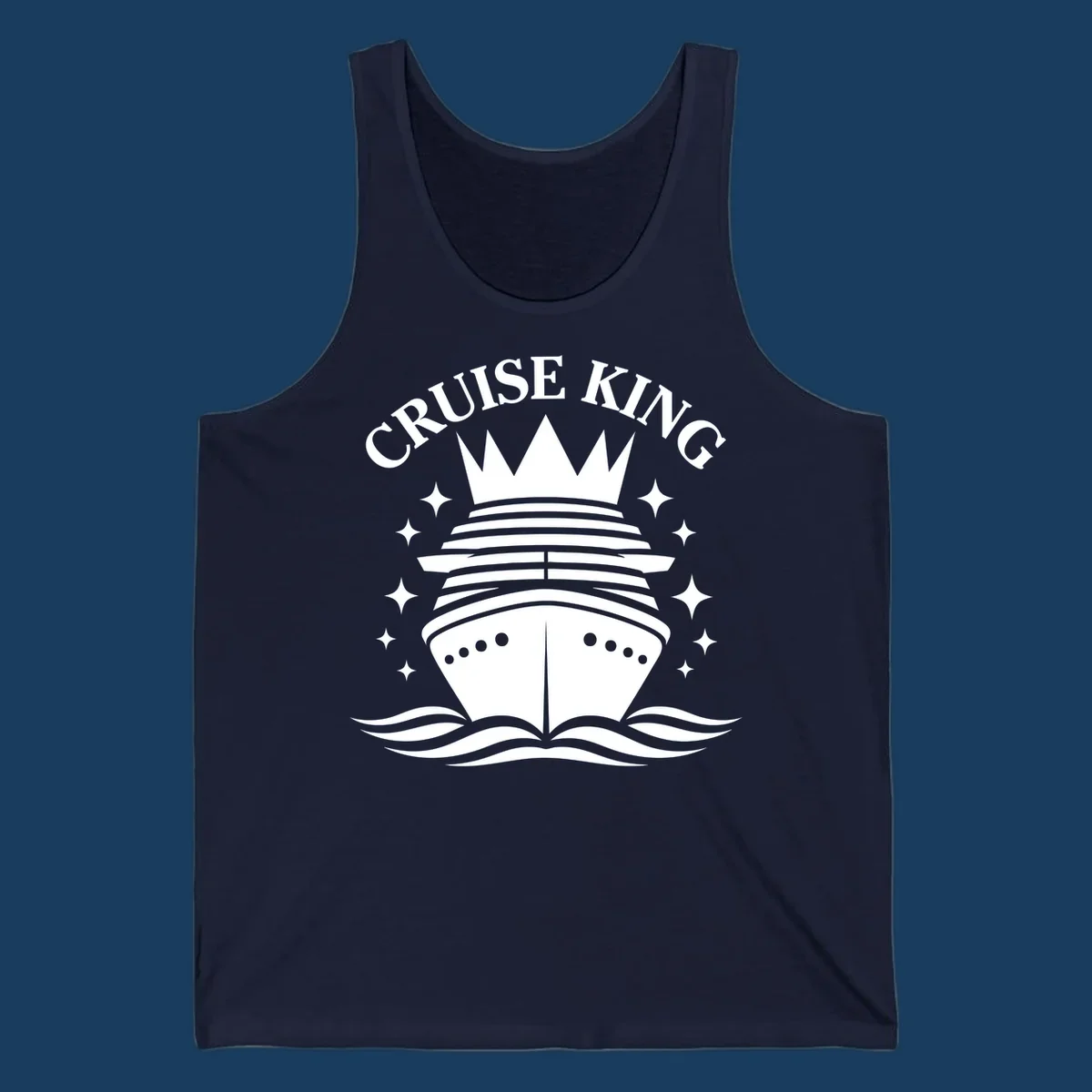 Cruise King crowned ship illustration with stars and waves.